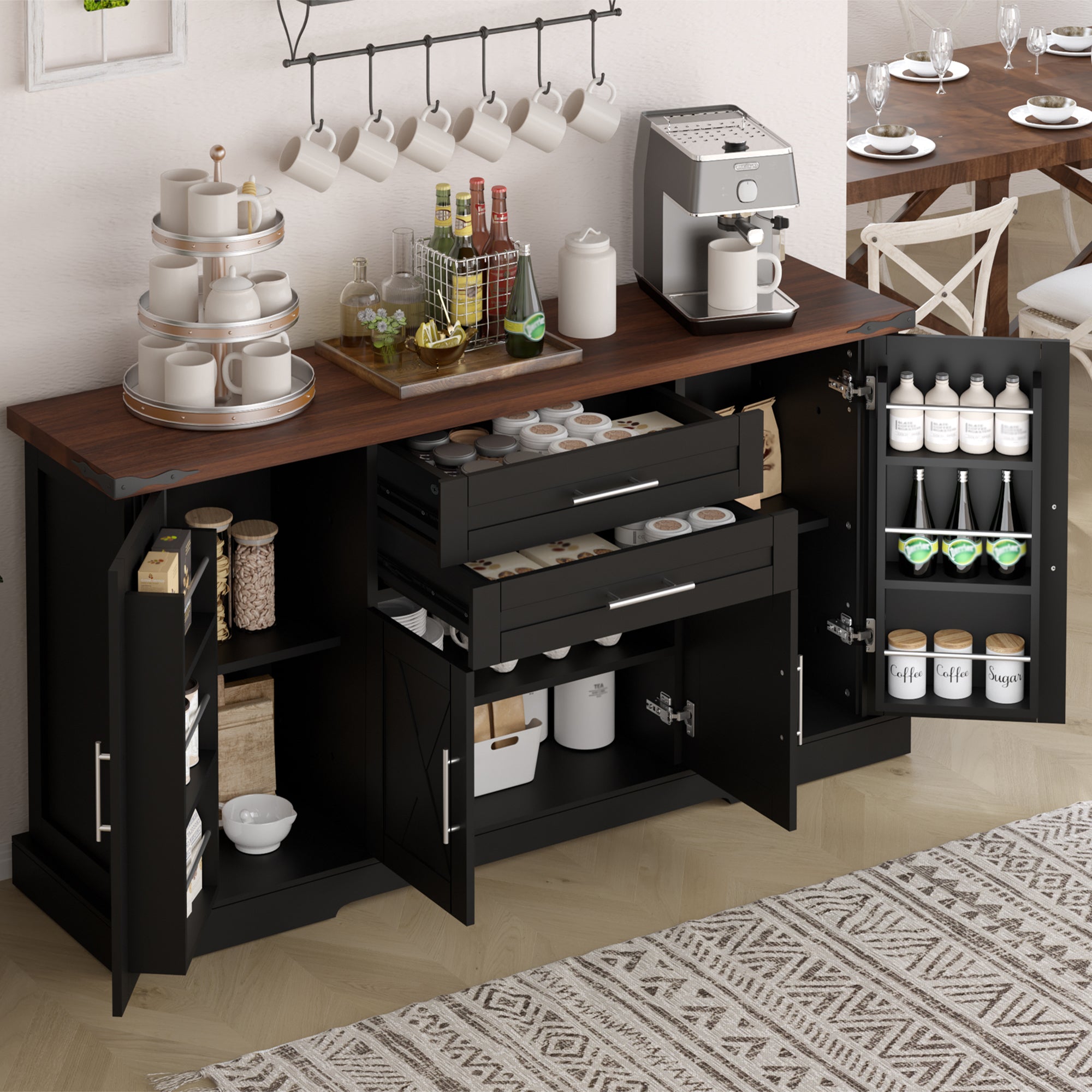 Black Farmhouse Barn Door Storage Cabinet with 2 Drawers & Door Rack, Adjustable Shelves, MDF Construction, 63.11' L x 15.75' W x 32.09' H - Grand Goldman Shop