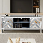 Mirrored TV Stand for 65+ inch TV,Sliver TV Console Table with Open Storage & 2 Storage Cabinets ,M Shape Sparkling Mirror Doors for Living Room(59''W x 25.2''H x 15.7D) - Grand Goldman Shop