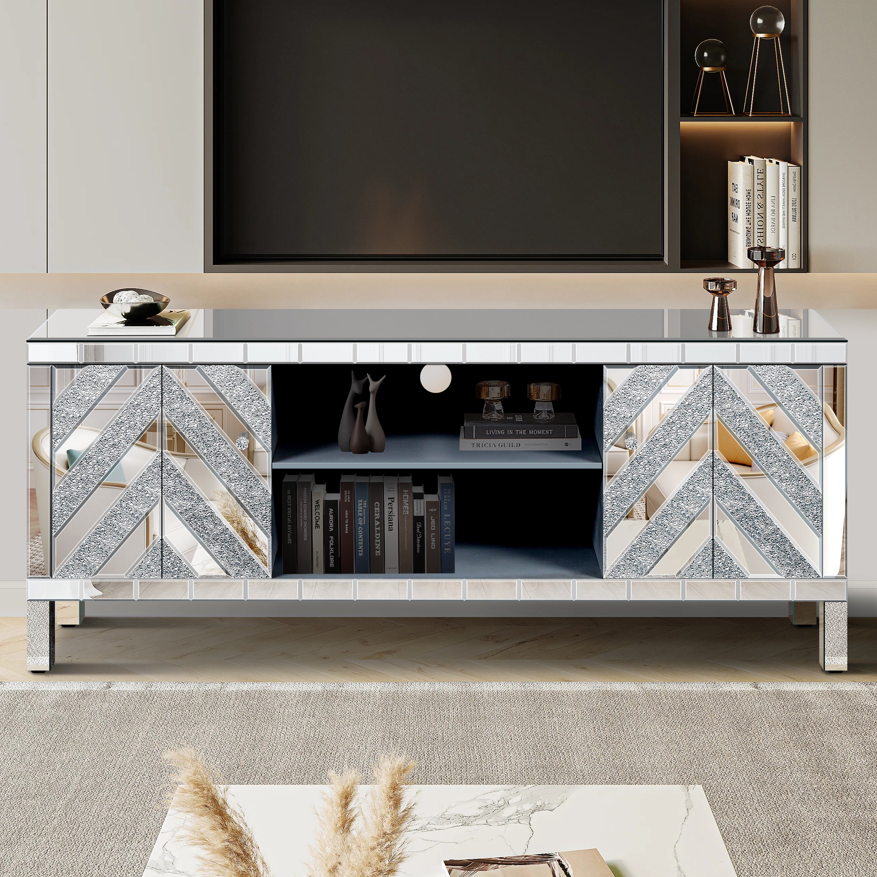 Mirrored TV Stand for 65+ inch TV,Sliver TV Console Table with Open Storage & 2 Storage Cabinets ,M Shape Sparkling Mirror Doors for Living Room(59''W x 25.2''H x 15.7D) - Grand Goldman Shop