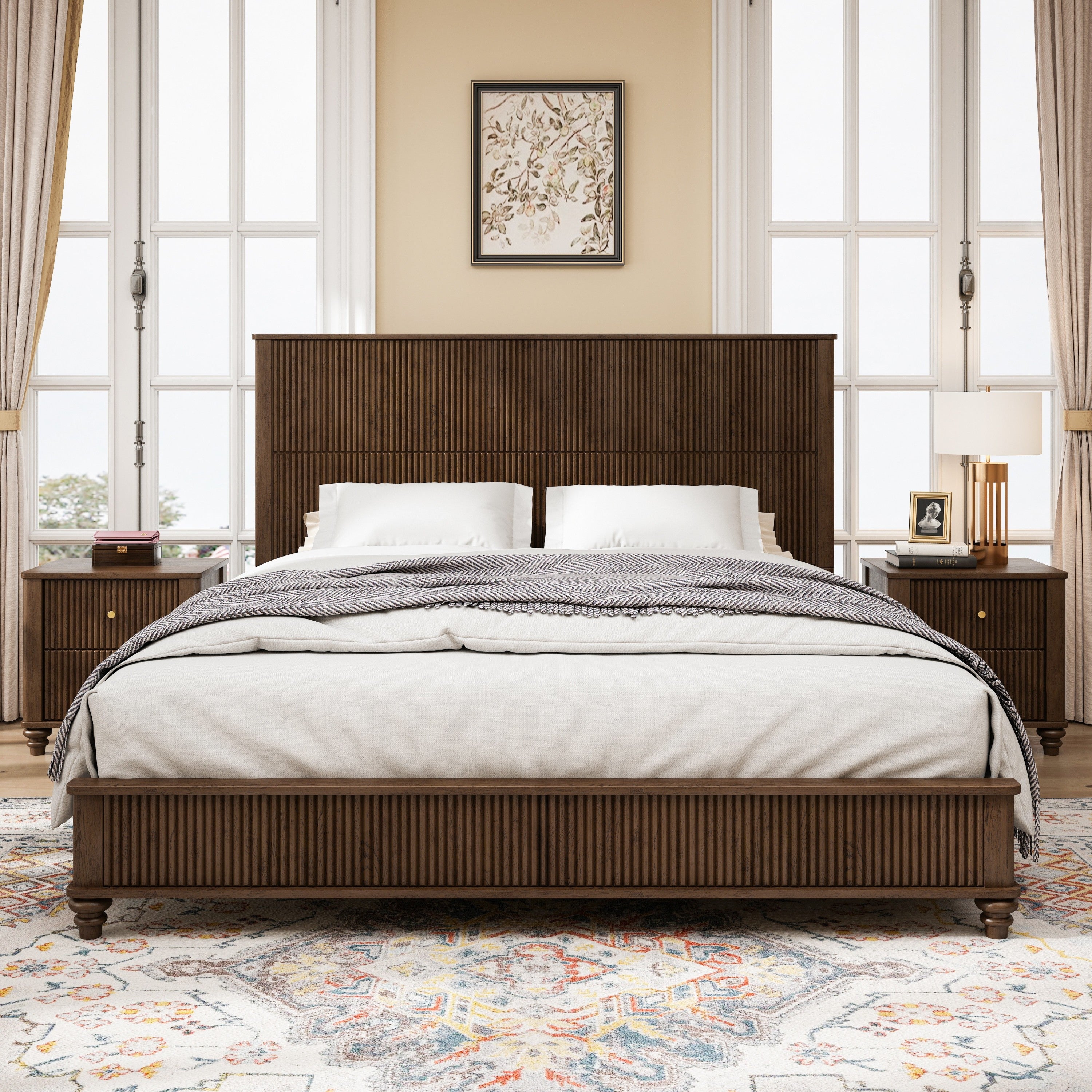 3-Piece Bedroom Set with King Bed and 2 Nightstands, Walnut Brown - Grand Goldman Shop