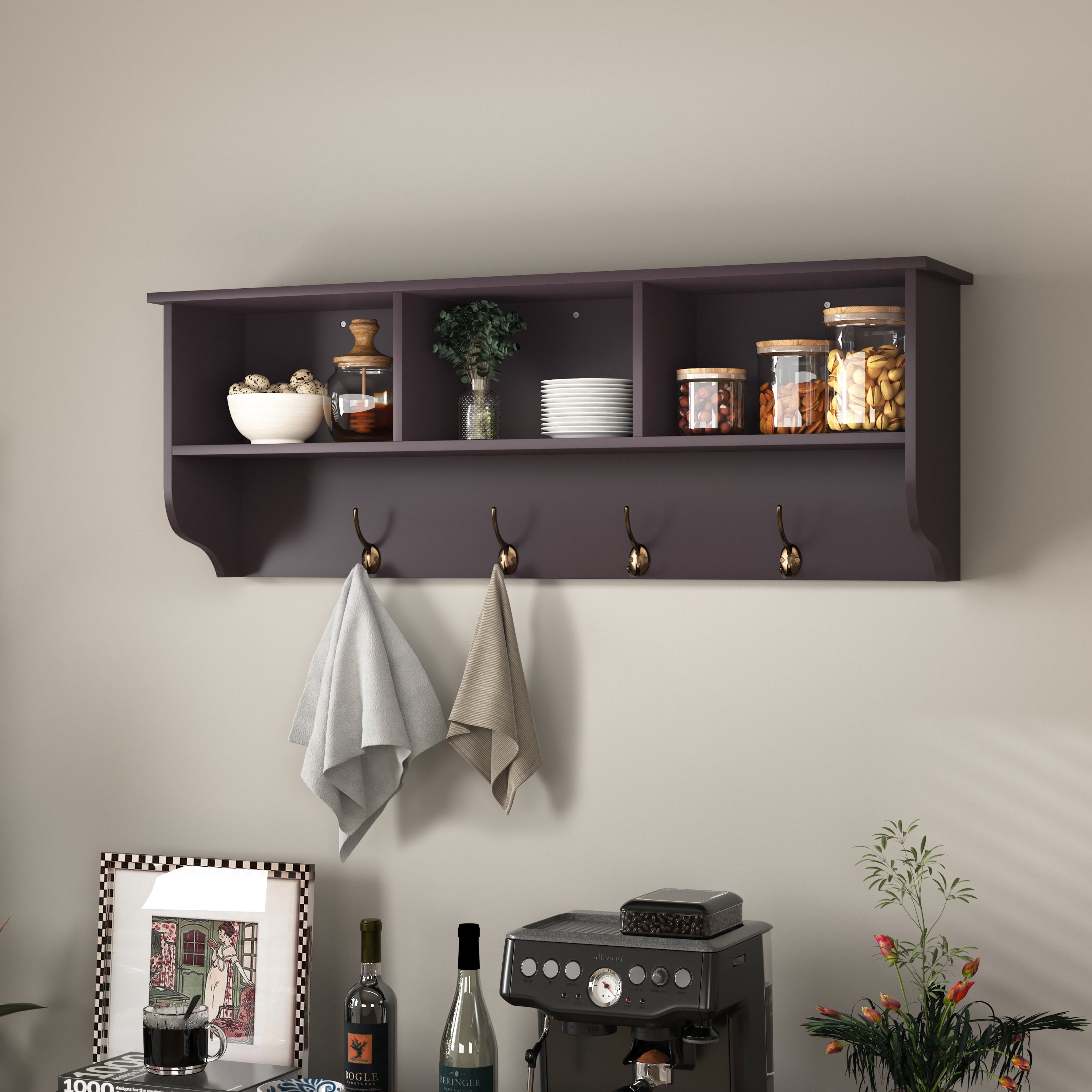 Espresso Entryway Wall Mounted Coat Rack with 4 Dual Hooks Living Room Wooden Storage Shelf - Grand Goldman Shop