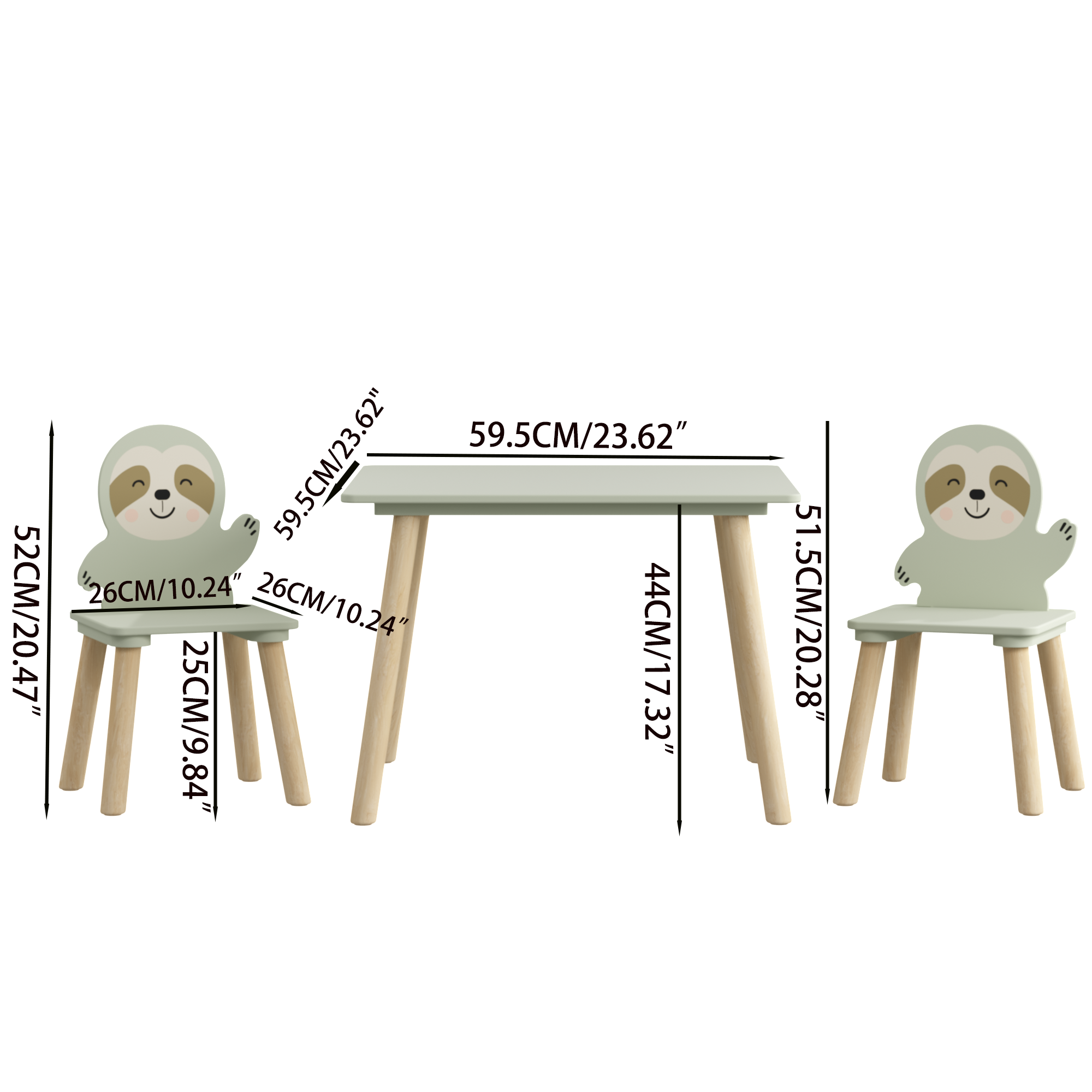 Kids Table and Chair Set with 2 Cute Sloth Chairs, Wooden Toddler Activity Table, Cute Animal Design Play & Study Set for Pla