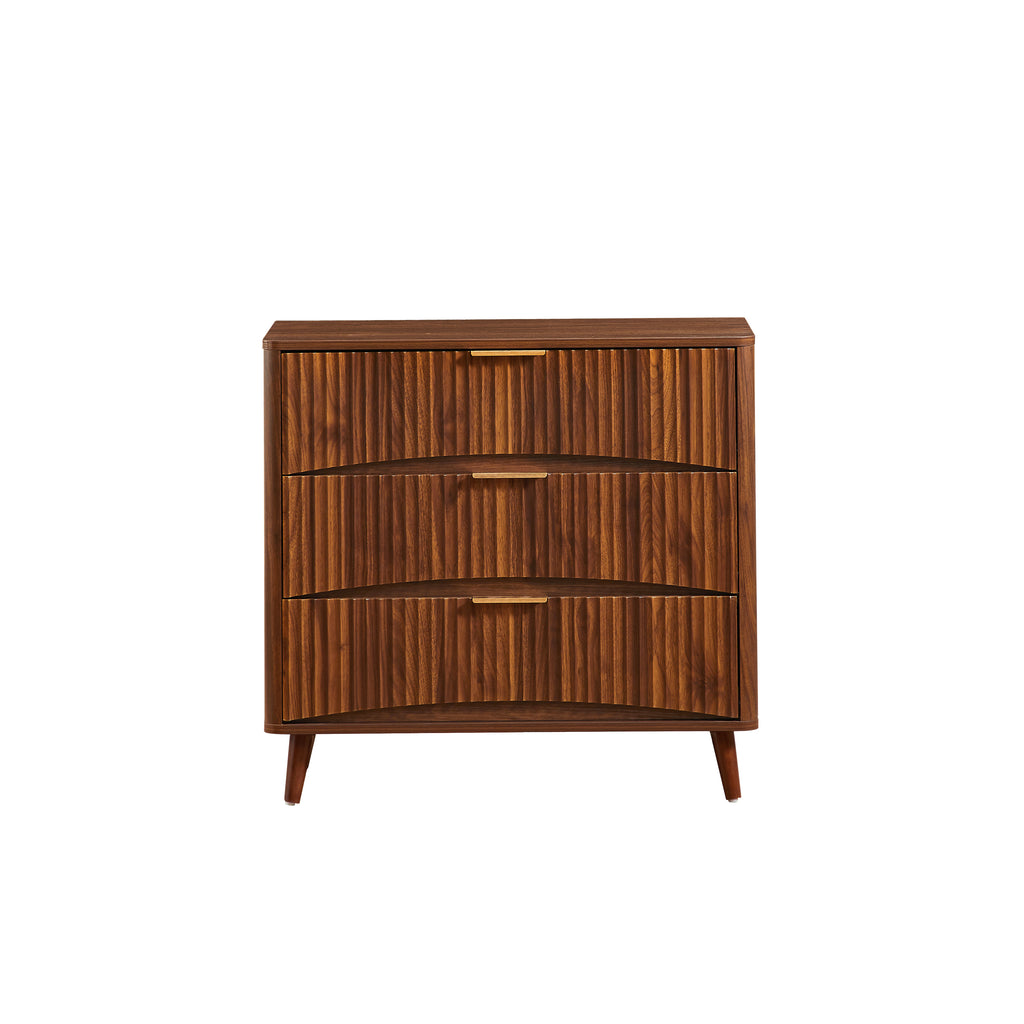 Fluted 3 Drawer Dresser Set of 2, Mid-Century Modern Tall Chest of Drawers with Vertical Grooved Design, Solid Wood Storage Cabinet with Metal Handles for Bedroom Living Room, Walnut - Grand Goldman Shop