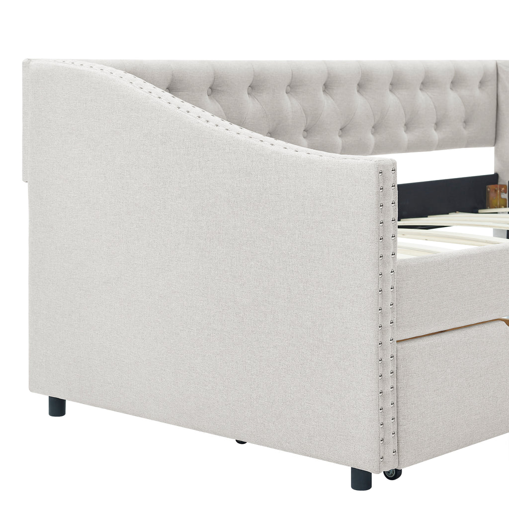 Mid-Century Twin Size Daybed with Drawers, Button Tufted Back and Copper Nail Trimmed Waved Arms, Beige Linen Upholstery, 81.5''x41''x30.5'' - Grand Goldman Shop