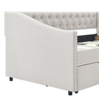Mid-Century Twin Size Daybed with Drawers, Button Tufted Back and Copper Nail Trimmed Waved Arms, Beige Linen Upholstery, 81.5''x41''x30.5'' - Grand Goldman Shop