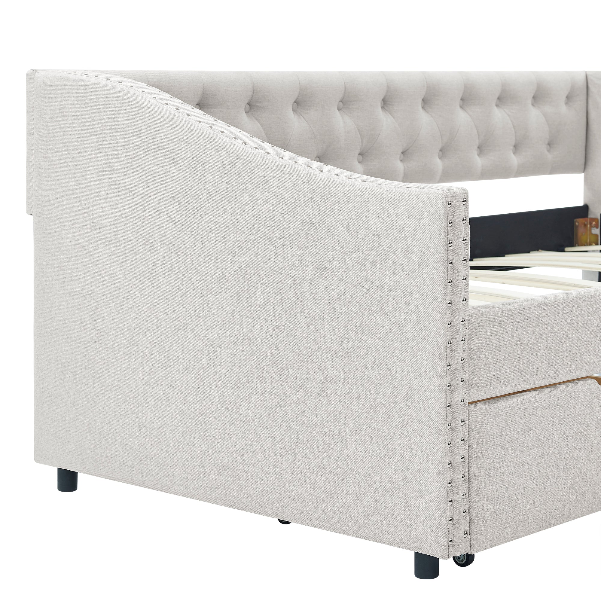 Mid-Century Twin Size Daybed with Drawers, Button Tufted Back and Copper Nail Trimmed Waved Arms, Beige Linen Upholstery, 81.5''x41''x30.5'' - Grand Goldman Shop