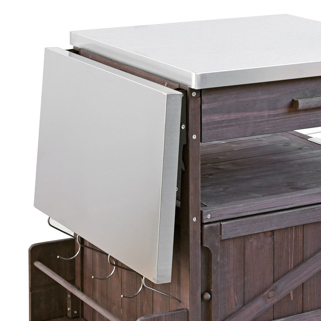 K&K 40.5' Outdoor Grill Cart with Stainless Steel Top, Solid Wood Outdoor Storage Cabinet with Drop Leaf, One Drawer, Towel Rack, Rolling Kitchen Cart with Lockable Wheels for Lawn Garden, Brown - Grand Goldman Shop