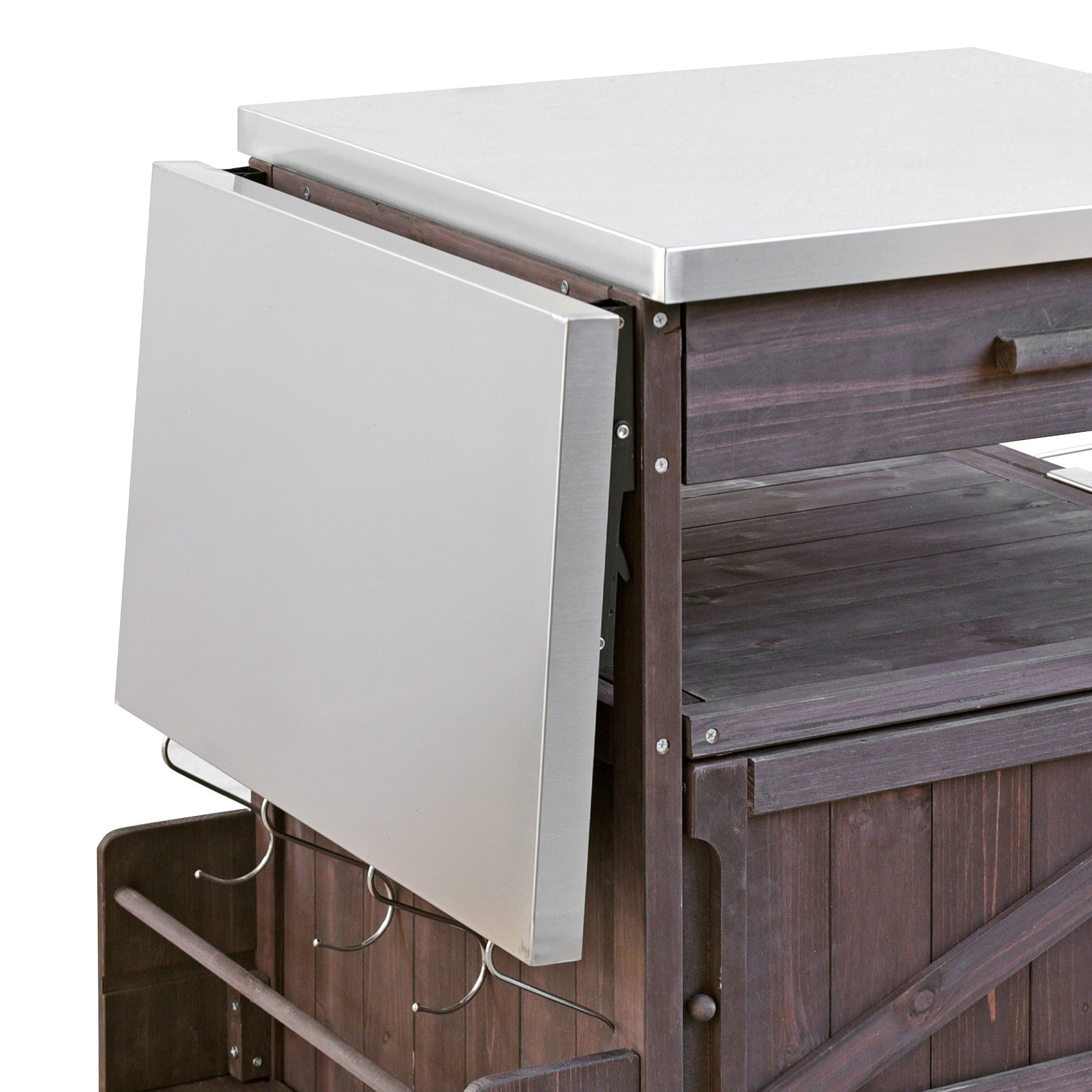 K&K 40.5' Outdoor Grill Cart with Stainless Steel Top, Solid Wood Outdoor Storage Cabinet with Drop Leaf, One Drawer, Towel Rack, Rolling Kitchen Cart with Lockable Wheels for Lawn Garden, Brown - Grand Goldman Shop