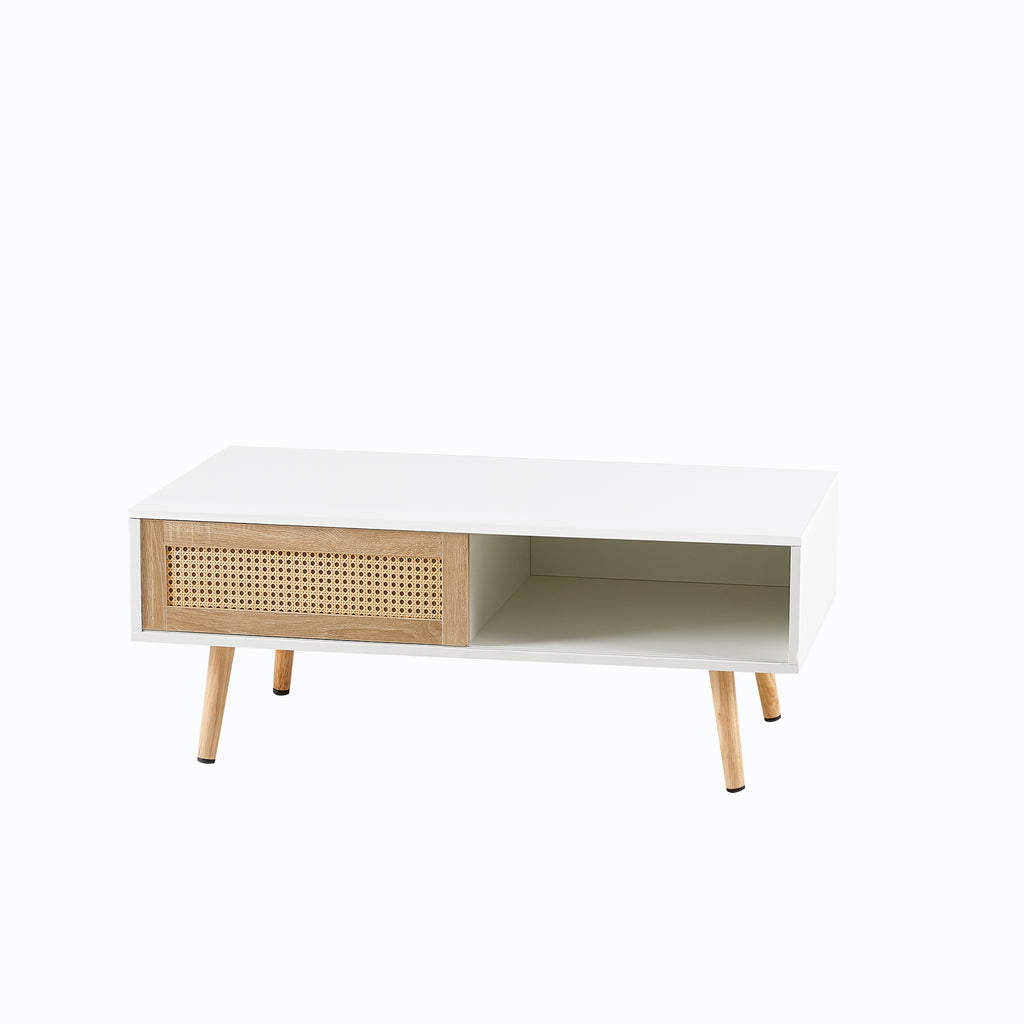 41.34' Rattan Coffee Table, Sliding Door for Storage, Solid Wood Legs, Modern Table for Living Room-White - Grand Goldman Shop