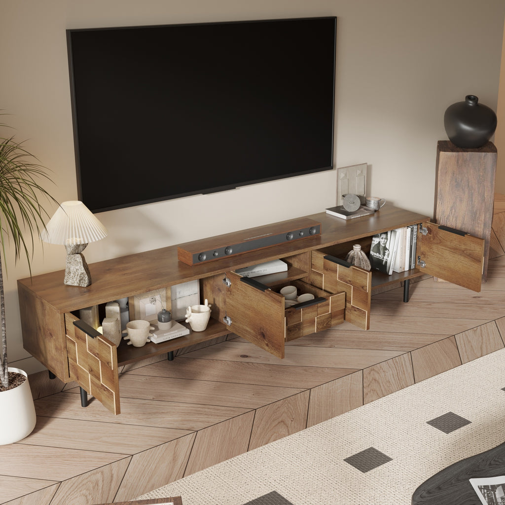 Natural Wood TV Stand for 85 75 65 Inch TV, L-Shaped Handle Entertainment Console with Storage, 78' Long - Grand Goldman Shop