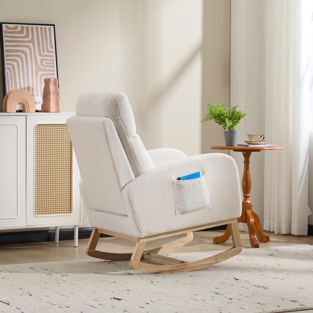 Modern Accent Rocking Chair Rocking Chair with Solid Wood Legs, Upholstered Nursery Glider Rocker, Comfy Armchair with Side Pocket, Living Room Lounge Arm Chair with High Backrest (white,teddy) - Grand Goldman Shop