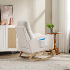 Modern Accent Rocking Chair Rocking Chair with Solid Wood Legs, Upholstered Nursery Glider Rocker, Comfy Armchair with Side Pocket, Living Room Lounge Arm Chair with High Backrest (white,teddy) - Grand Goldman Shop