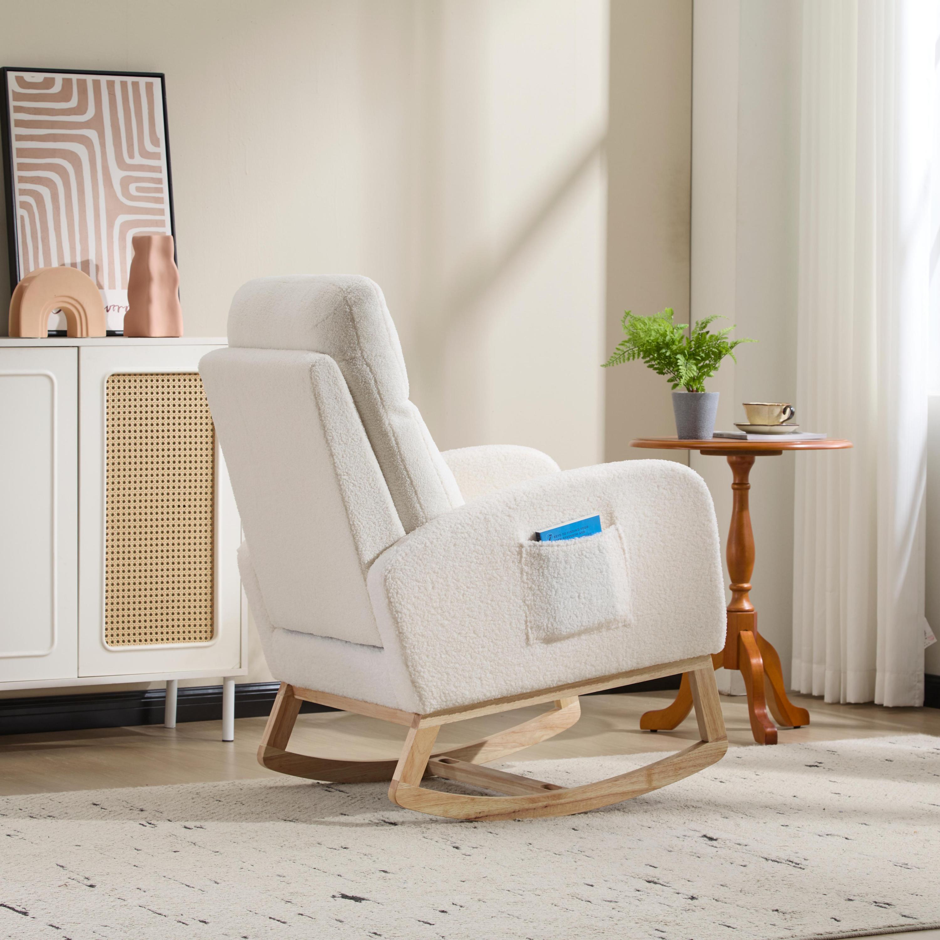 Modern Accent Rocking Chair Rocking Chair with Solid Wood Legs, Upholstered Nursery Glider Rocker, Comfy Armchair with Side Pocket, Living Room Lounge Arm Chair with High Backrest (white,teddy) - Grand Goldman Shop