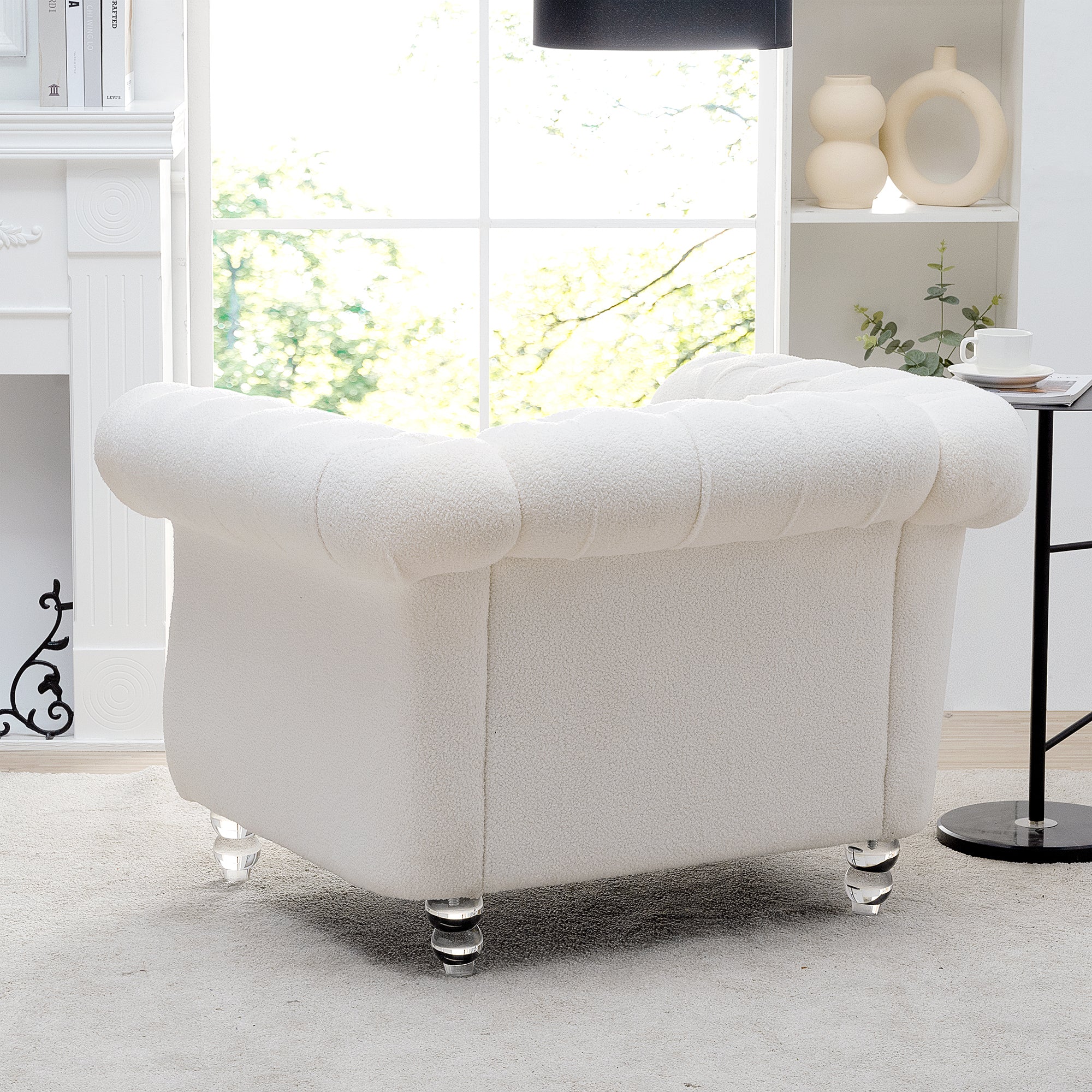 Modern Teddy Velvet 1 Seater Sofa for Living Room, White, Acrylic Legs, 38.98'W x 32.09'D x 28.35'H - Grand Goldman Shop