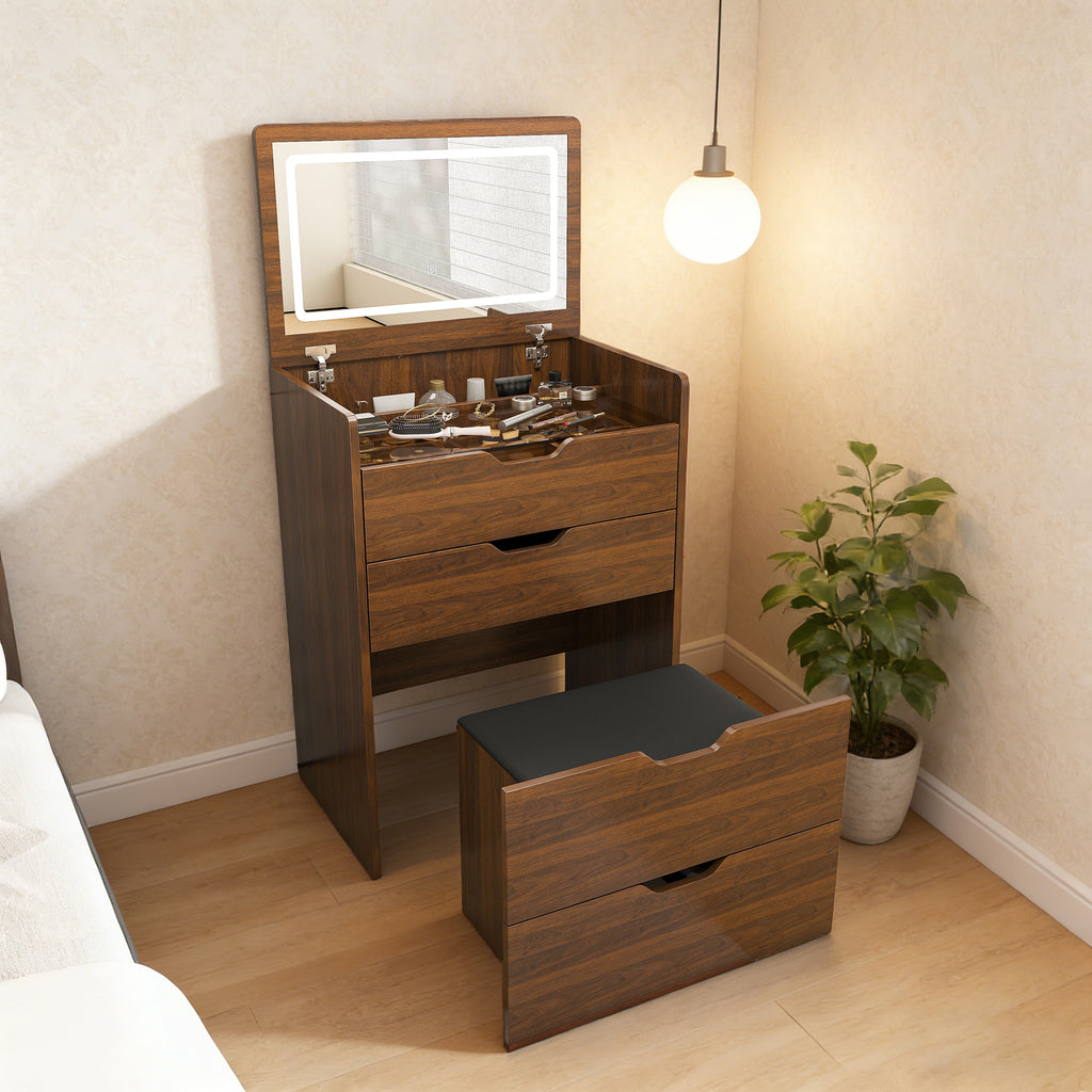 3-in-1 Vanity Desk with Lighted Mirror & Stool, Flip Top Makeup Dressing Table in Walnut Finish, Compact Storage for Bedroom, Bathroom, Dressing Room, 23.62'L - Grand Goldman Shop