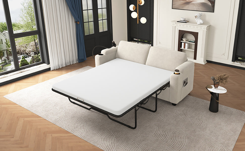 Beige Corduroy Sleeper Sofa Loveseat with Full Size Mattress, USB Ports, Cup Holders, Side Pockets, Phone Holder - Grand Goldman Shop