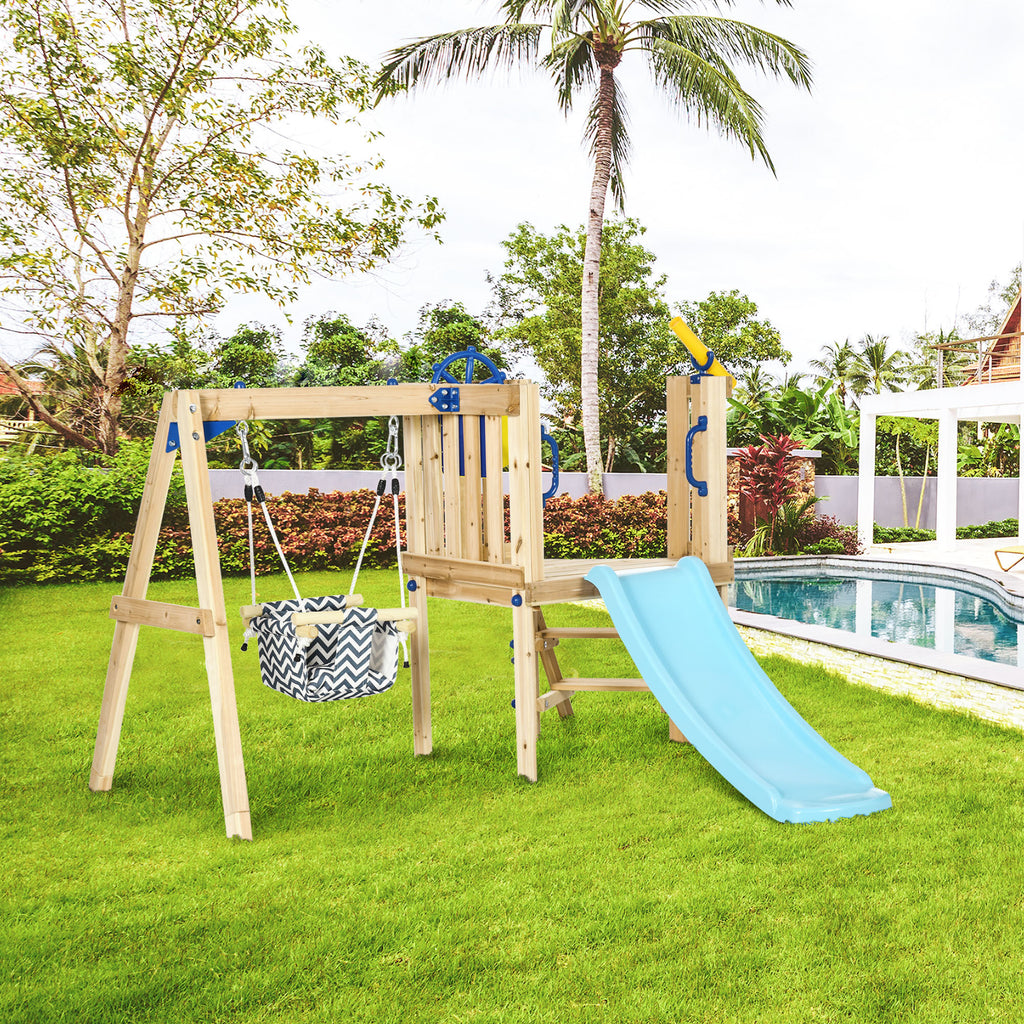 Outsunny 3 in 1 Wooden Swing Set Outdoor Playset with Baby Swing Seat, Toddler Slide, Captain's Wheel, Telescope, Kids Backya