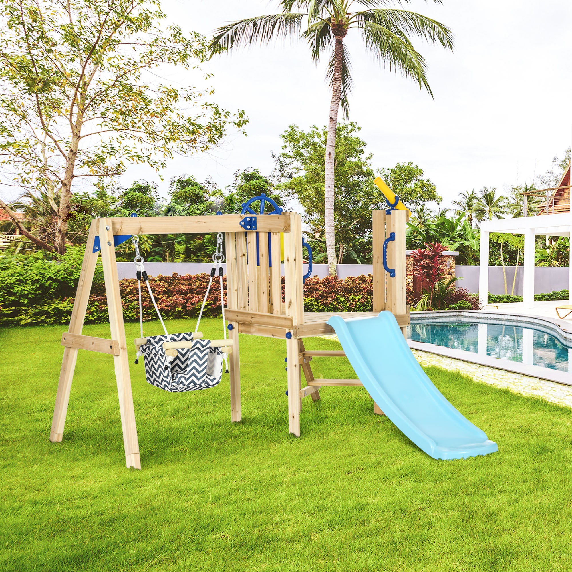 Outsunny 3 in 1 Wooden Swing Set Outdoor Playset with Baby Swing Seat, Toddler Slide, Captain's Wheel, Telescope, Kids Backya