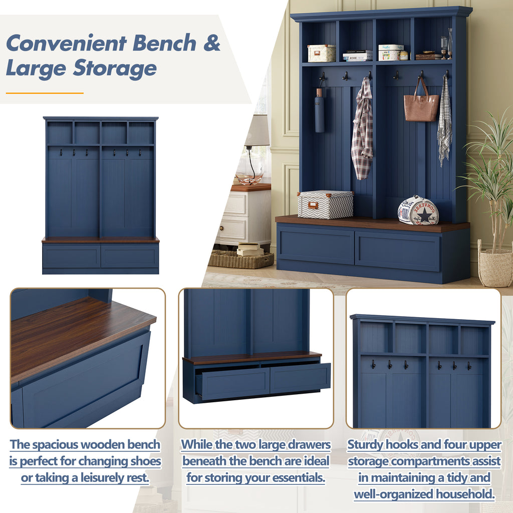 Farmhouse 4-in-1 Hall Tree with Wood Grain Bench, Mudroom Versatile Coat Rack with 2 Large Drawer, Entrance Organizer for Hallway, Living Room, Blue, 55.9'W (OLD SKU: N721P313099C) - Grand Goldman Shop