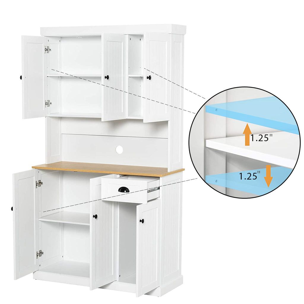 71' Kitchen Pantry Storage Cabinet with Microwave Oven Countertop, Freestanding Hutch Cabinet with Adjustable Shelves, 6 Doors and 1 Drawer-White - Grand Goldman Shop