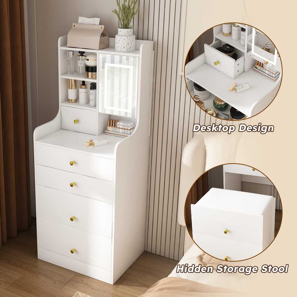 3-in-1 Dressing Table with LED Mirror & Storage Stool, Compact Makeup Vanity, White MDF, 50.39x19.69x15.75 inches - Grand Goldman Shop