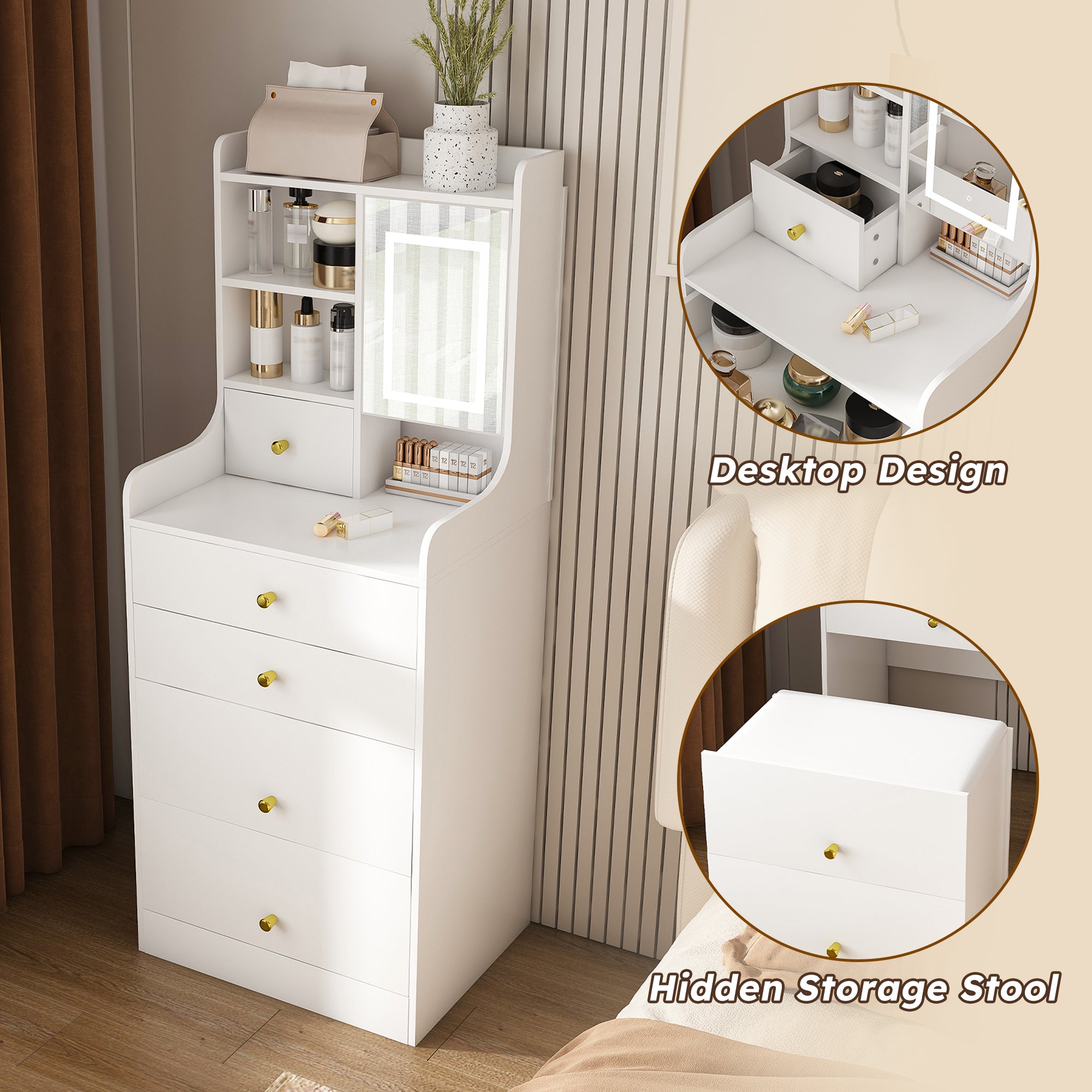 3-in-1 Dressing Table with LED Mirror & Storage Stool, Compact Makeup Vanity, White MDF, 50.39x19.69x15.75 inches - Grand Goldman Shop