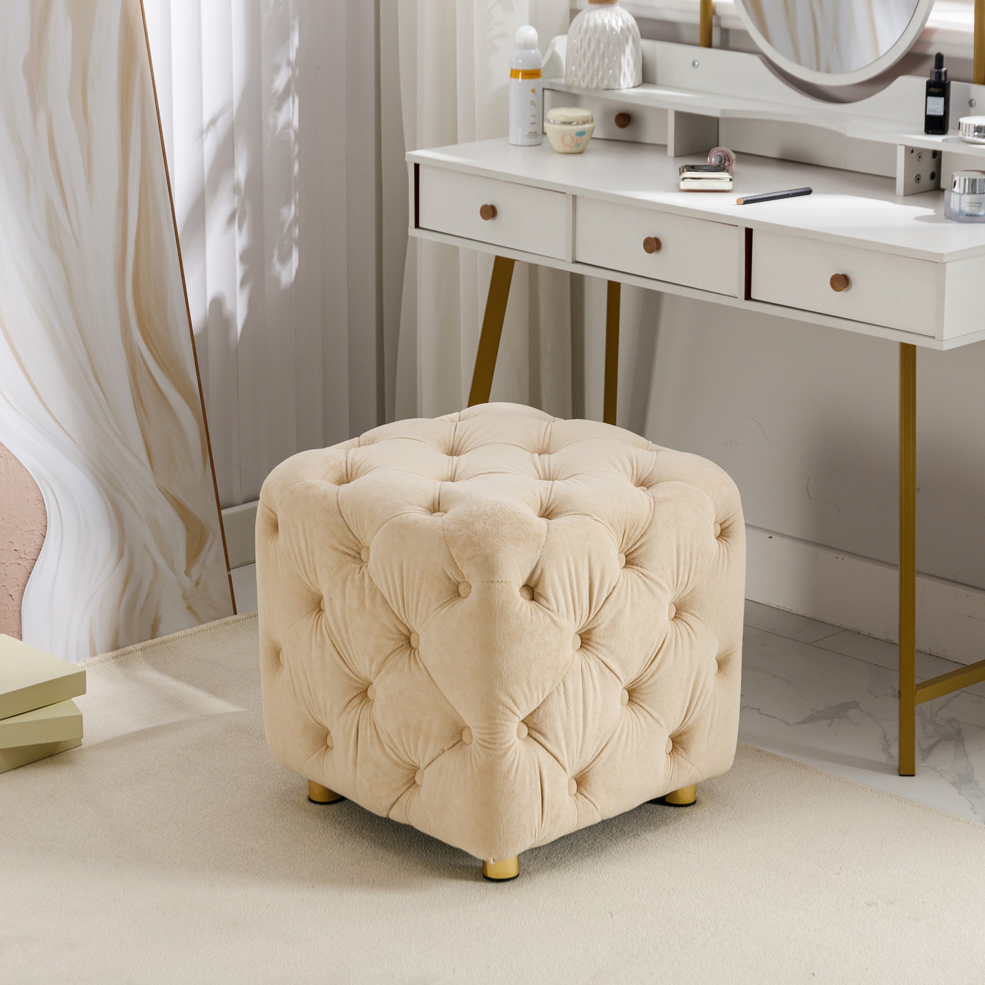 Beige Modern Velvet Upholstered Ottoman, Exquisite Small End Table, Soft Foot Stool, Dressing Makeup Chair, Comfortable Seat for Living Room, Bedroom, Entrance - Grand Goldman Shop