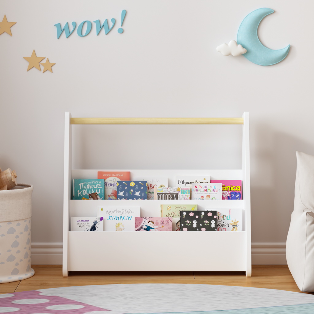 Kids Bookshelf with Wooden Handle, 2-Tier Front-Facing Toddler Bookcase, Portable Children's Book Storage Organizer for Bedro