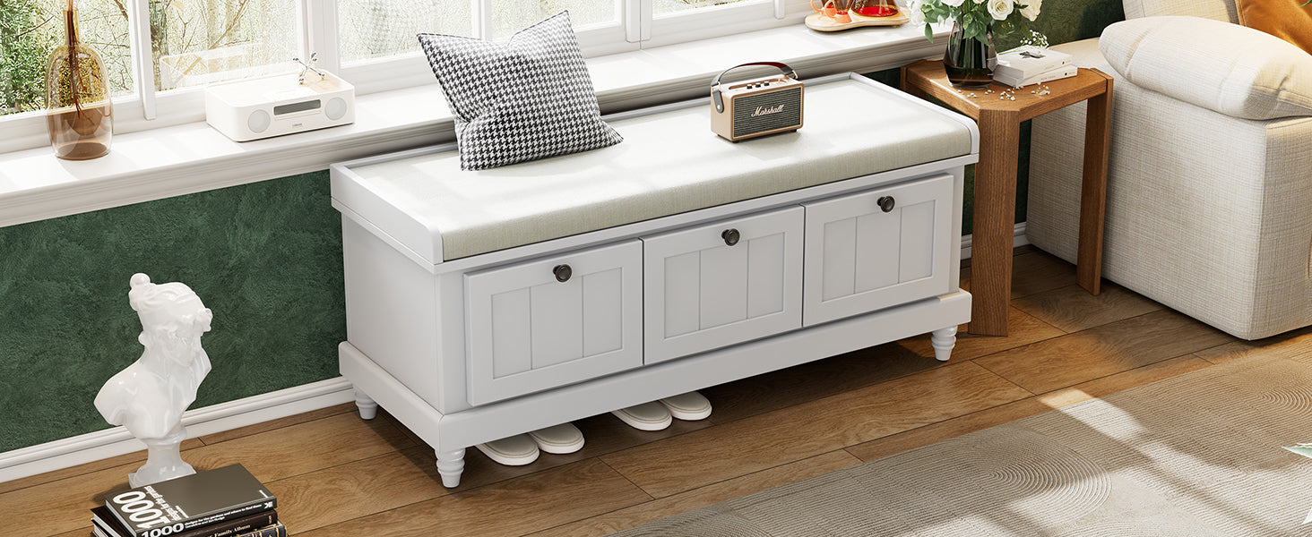 TREXM Classic Shoe Bench with Cushion and Three Drawers, Fluted Entryway Bench with Storage for Living Room, Entryway, and Hallways (Light Gray, OLD SKU: N715P207812E ) - Grand Goldman Shop