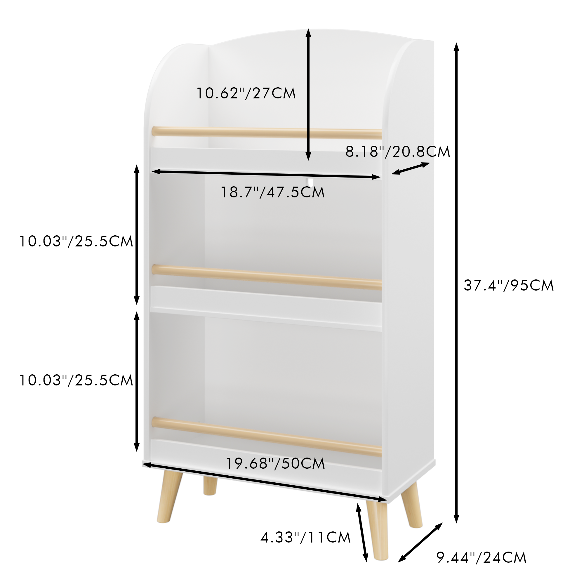 Kids Bookshelf 3-Tier White Book Organizer with Toy Storage, MDF and Pine Wood Legs - Grand Goldman