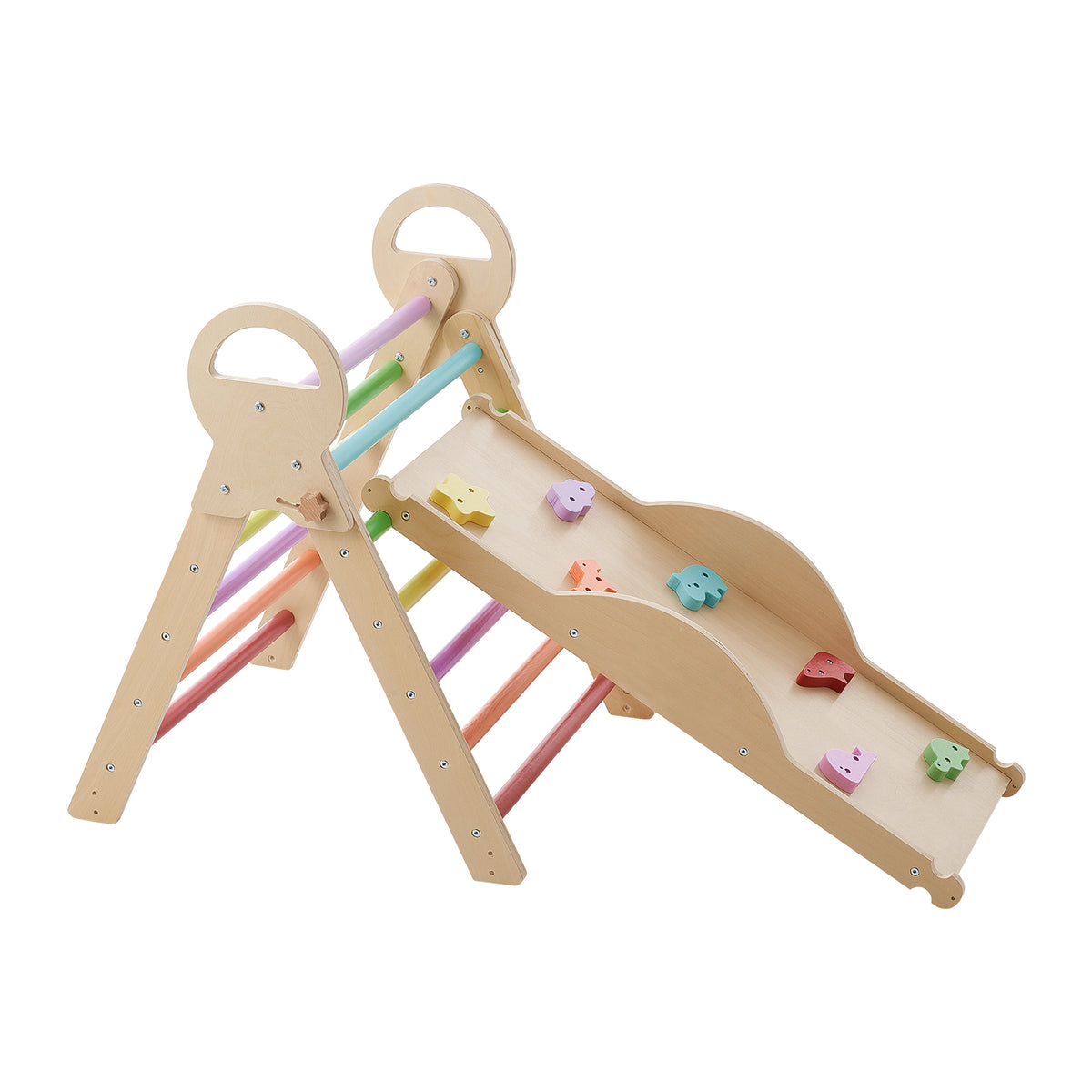 Pikler Triangle Set, 9-in-1 Toddler Climbing Toys Indoor, with 2 Wooden Cars, Cushion, Triangle, Arch, and Ramp, 150 lbs Load