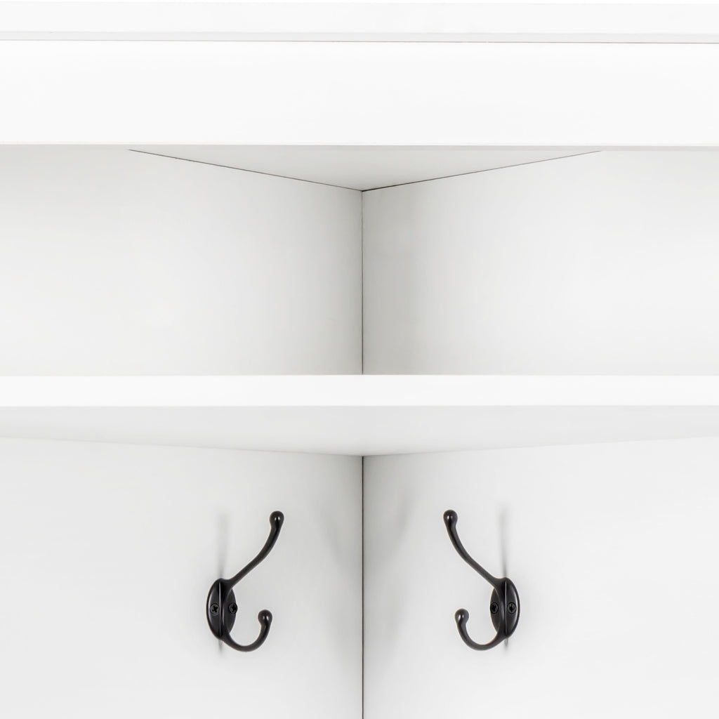 Minimalist Corner Hall Tree with Shoe Bench, Versatile Entryway Coat Rack with 4 Hooks, Corner Cabinet with Adjustable Shelf for Hallway, Living Room, White, 29.5''W*71.6''H (OLD SKU: N721P189665K) - Grand Goldman Shop