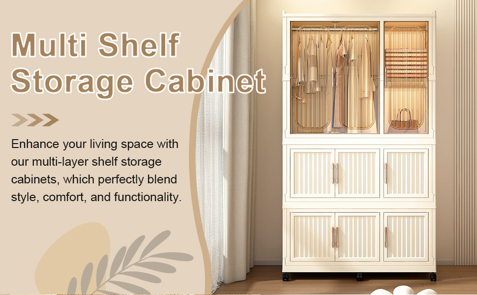 Portable Wardrobe Closet Storage Organizer with 9 Magnetic Doors, Cream White, - Grand Goldman Shop