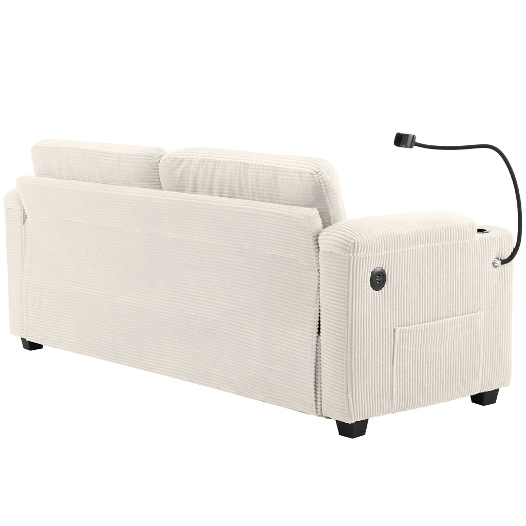 Beige Corduroy Sleeper Sofa Loveseat with Full Size Mattress, USB Ports, Cup Holders, Side Pockets, Phone Holder - Grand Goldman Shop