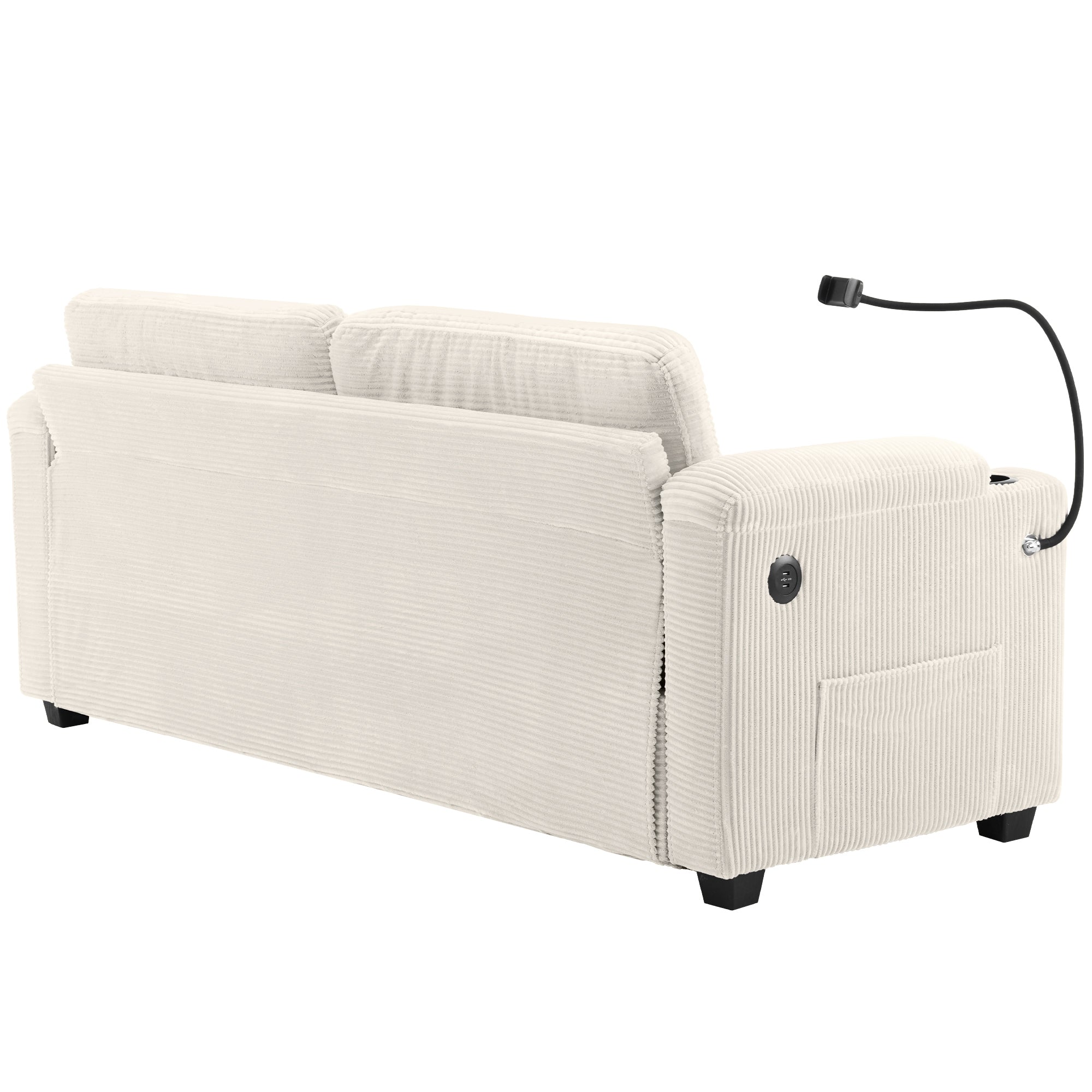 Beige Corduroy Sleeper Sofa Loveseat with Full Size Mattress, USB Ports, Cup Holders, Side Pockets, Phone Holder - Grand Goldman Shop