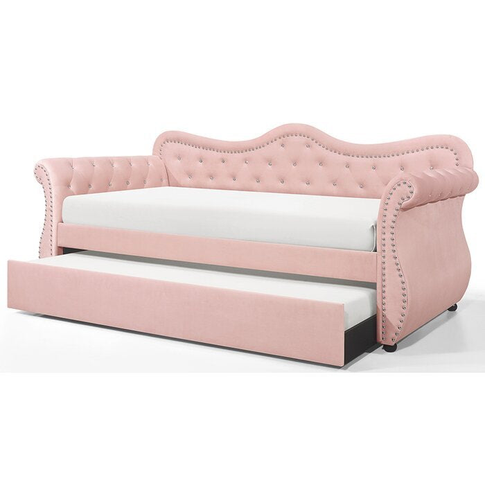 Abby Modern Style Upholstered Velvet Wood Daybed with Trundle in Pink - Grand Goldman Shop