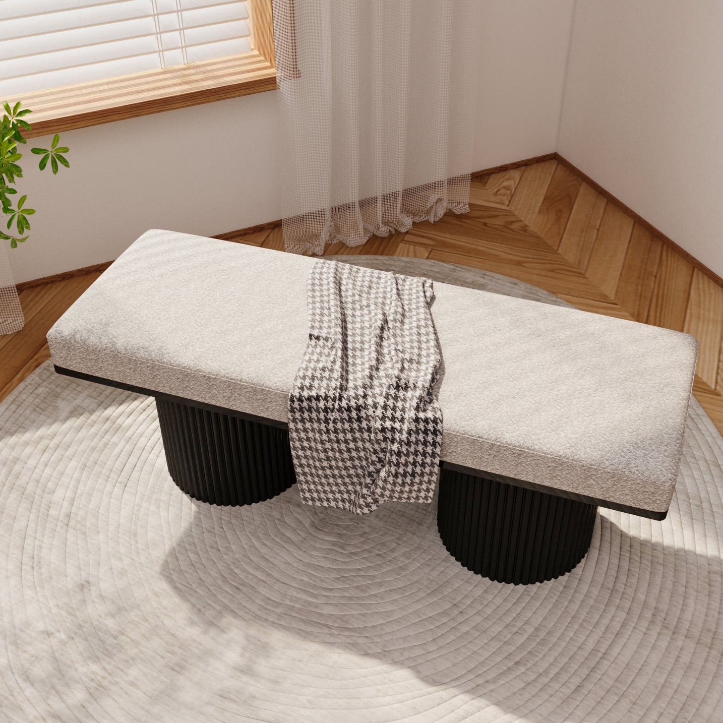 Upholstered Bench with Black Chunky Legs Light Grey Boucle Fabric Contemporary Style Bed-end Bench for Bedroom Living Room - Grand Goldman Shop