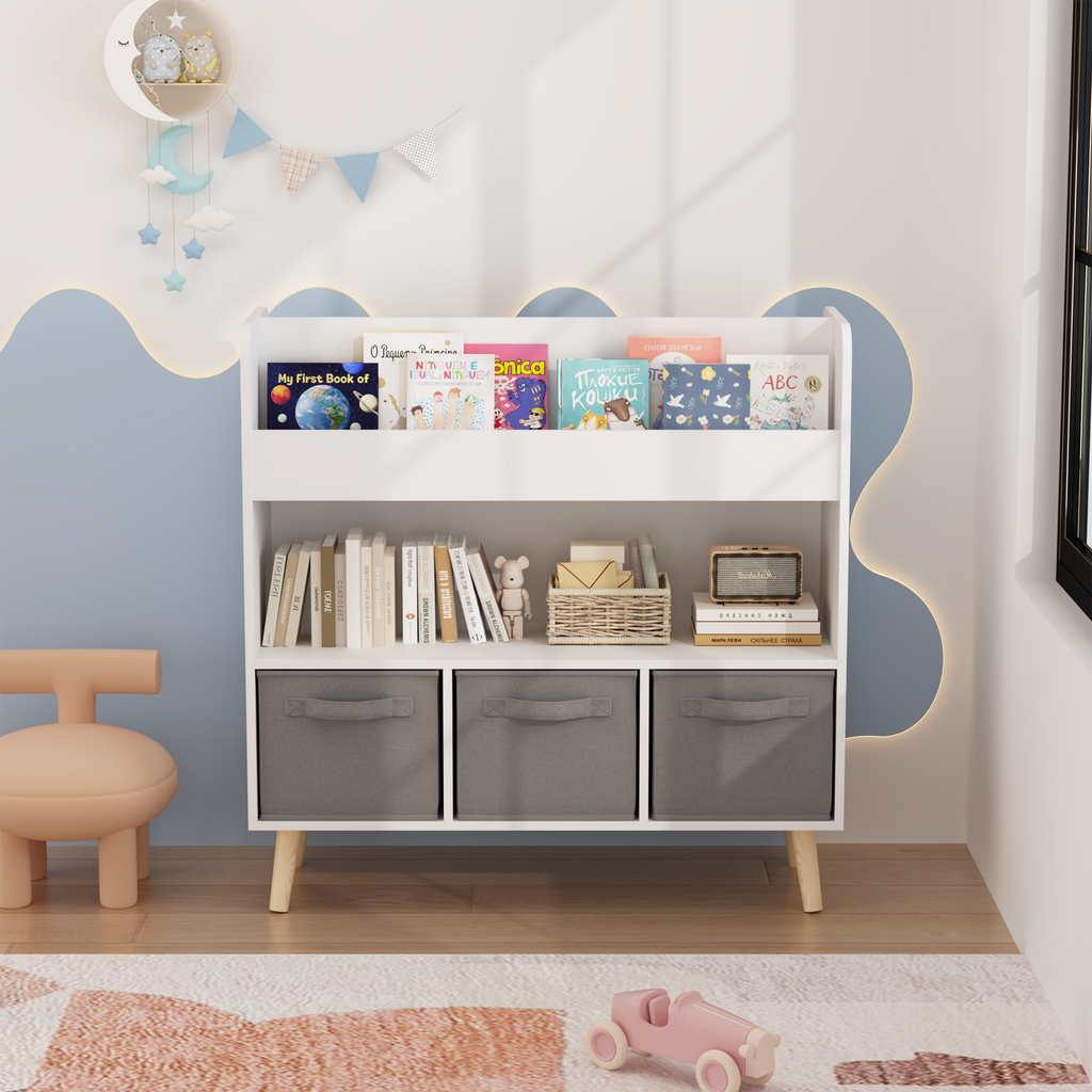 Kids Bookshelf with 3 Fabric Bins, Modern Children's Bookcase with Storage for Toys and Books, Toddler Book Organizer Shelf f