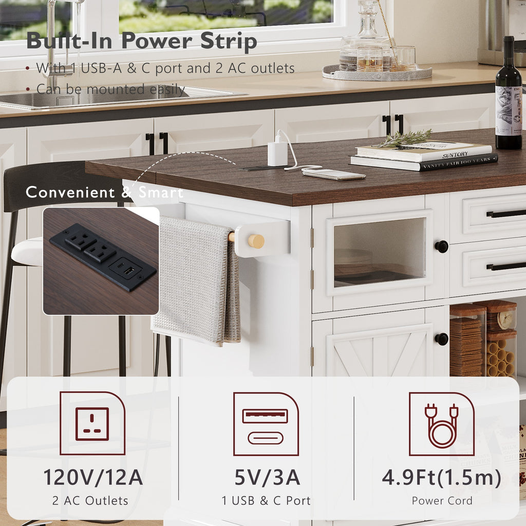 K&K 54.9' Kitchen Island with Drop Leaf, Power Outlet, Kitchen Storage Cart with 4 Door Shelves, Cross Barn Doors & Visual Glass Door, Rolling Kitchen Island on 4 Wheels for Kitchen, Dining Room,White - Grand Goldman Shop