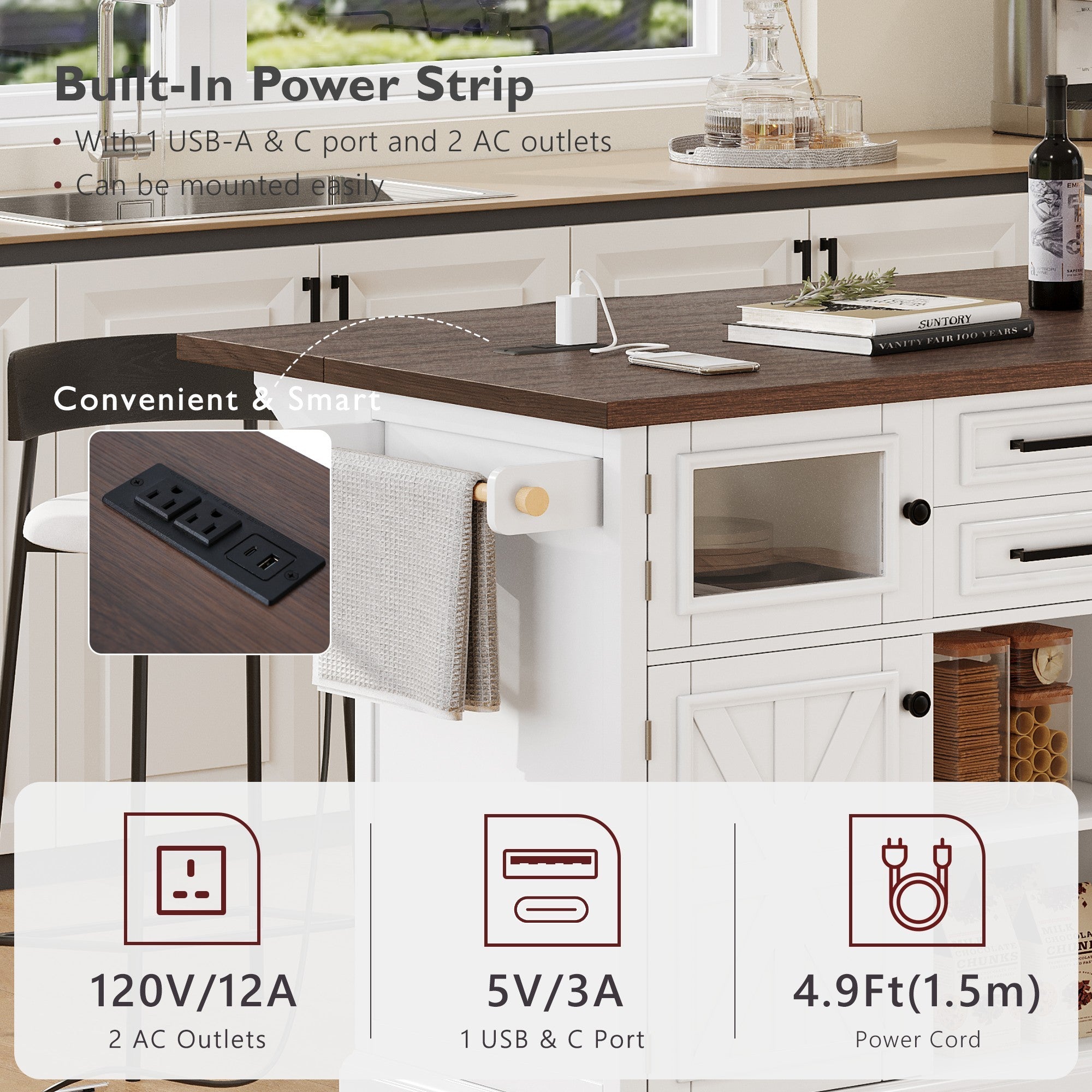 K&K 54.9' Kitchen Island with Drop Leaf, Power Outlet, Kitchen Storage Cart with 4 Door Shelves, Cross Barn Doors & Visual Glass Door, Rolling Kitchen Island on 4 Wheels for Kitchen, Dining Room,White - Grand Goldman Shop
