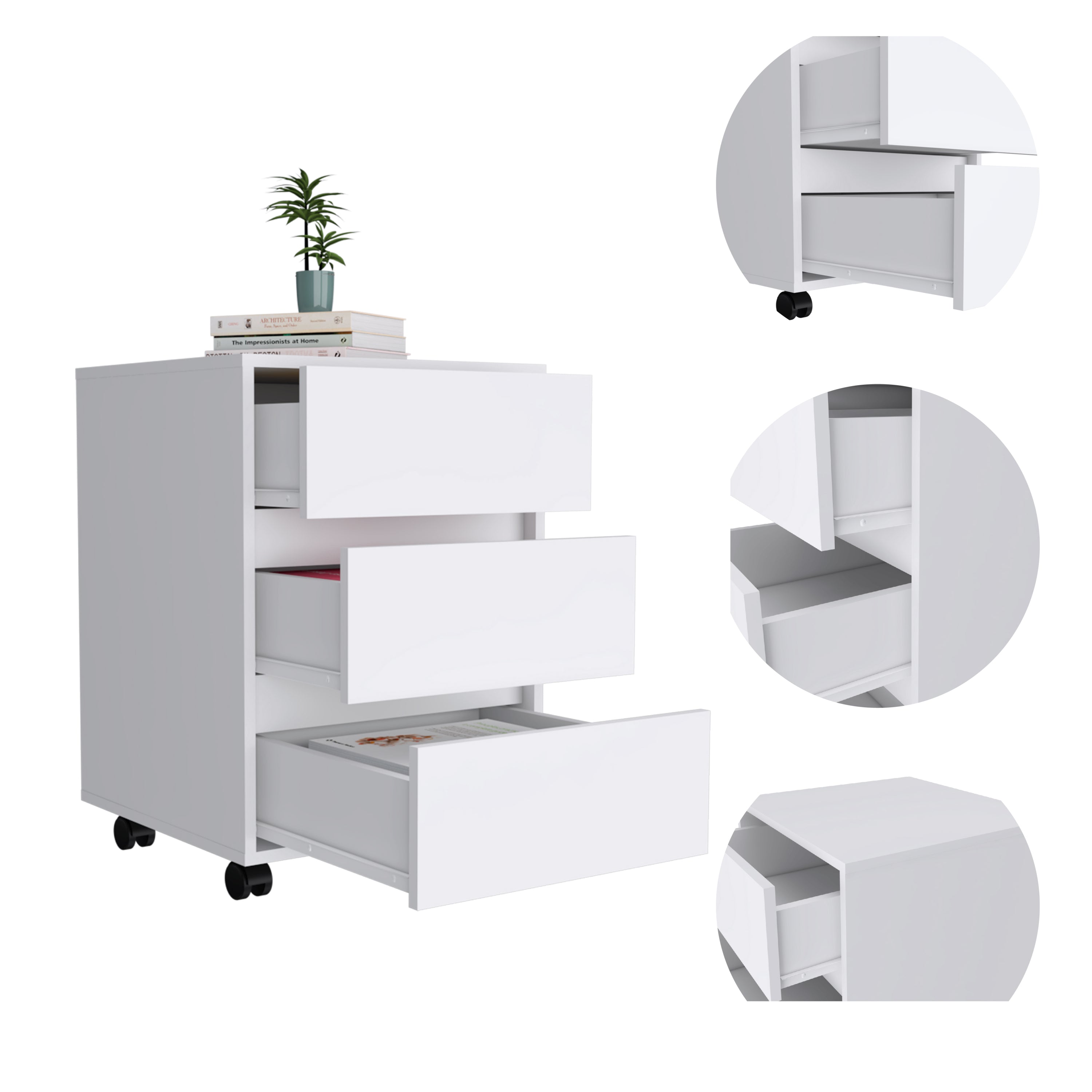 Artemisa 3 Drawer Filing Cabinet, Four Casters, Superior Top -White | Premium Home Decor - Grand Goldman