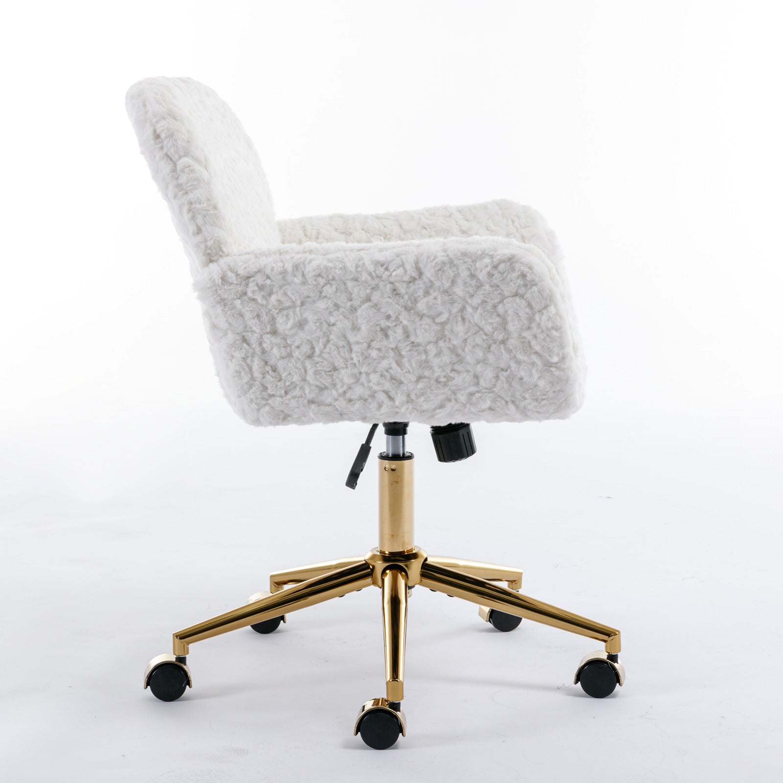 A&A Furniture Artificial Rabbit Hair Office Chair with Golden Metal Base, Adjustable Swivel Vanity Chair, Beige Velvet | Prem