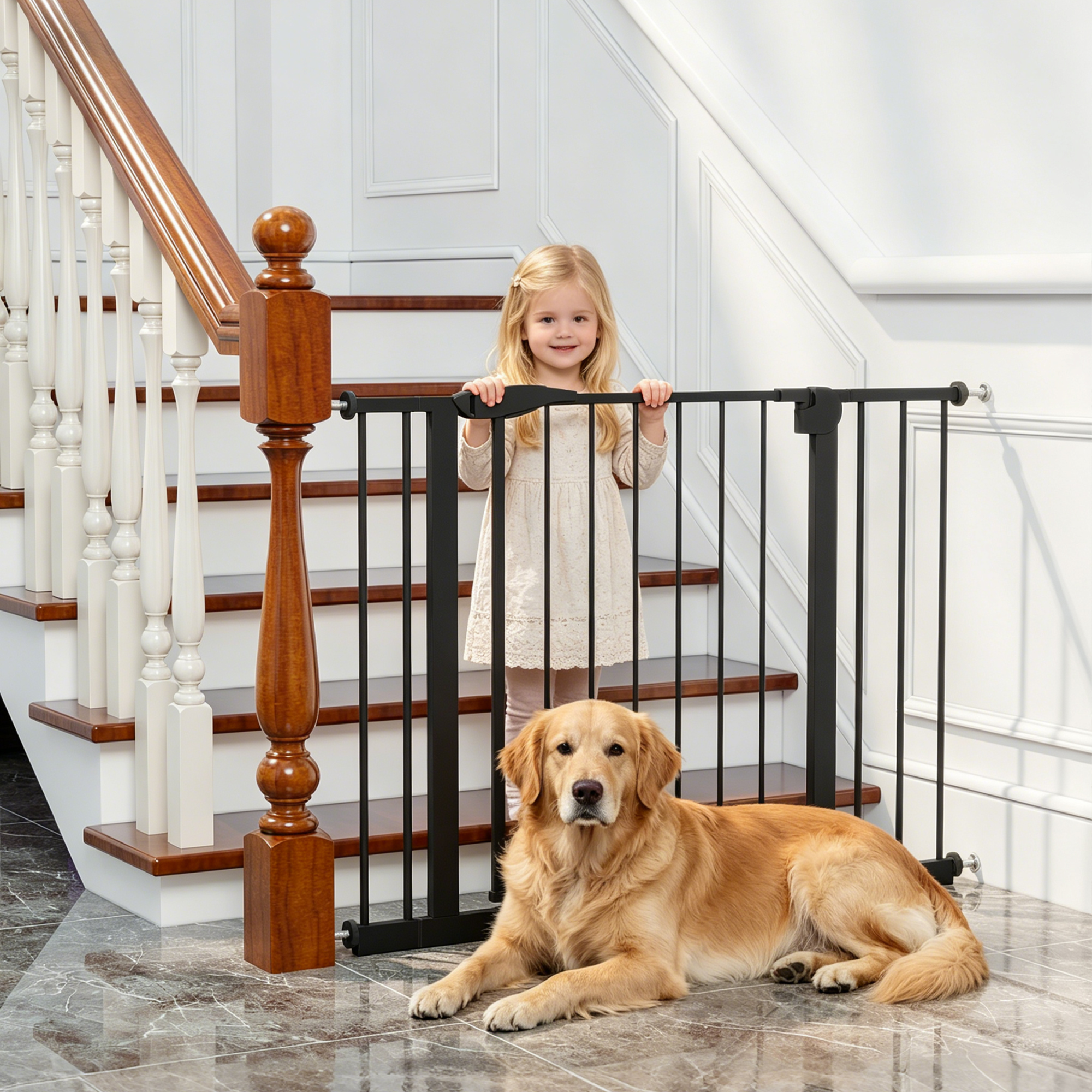 Black Pressure-Mounted Baby Gate for Stairs and Doorways, 29.5-44.1' Wide, Steel and ABS Construction, Easy Walk-Through Safe