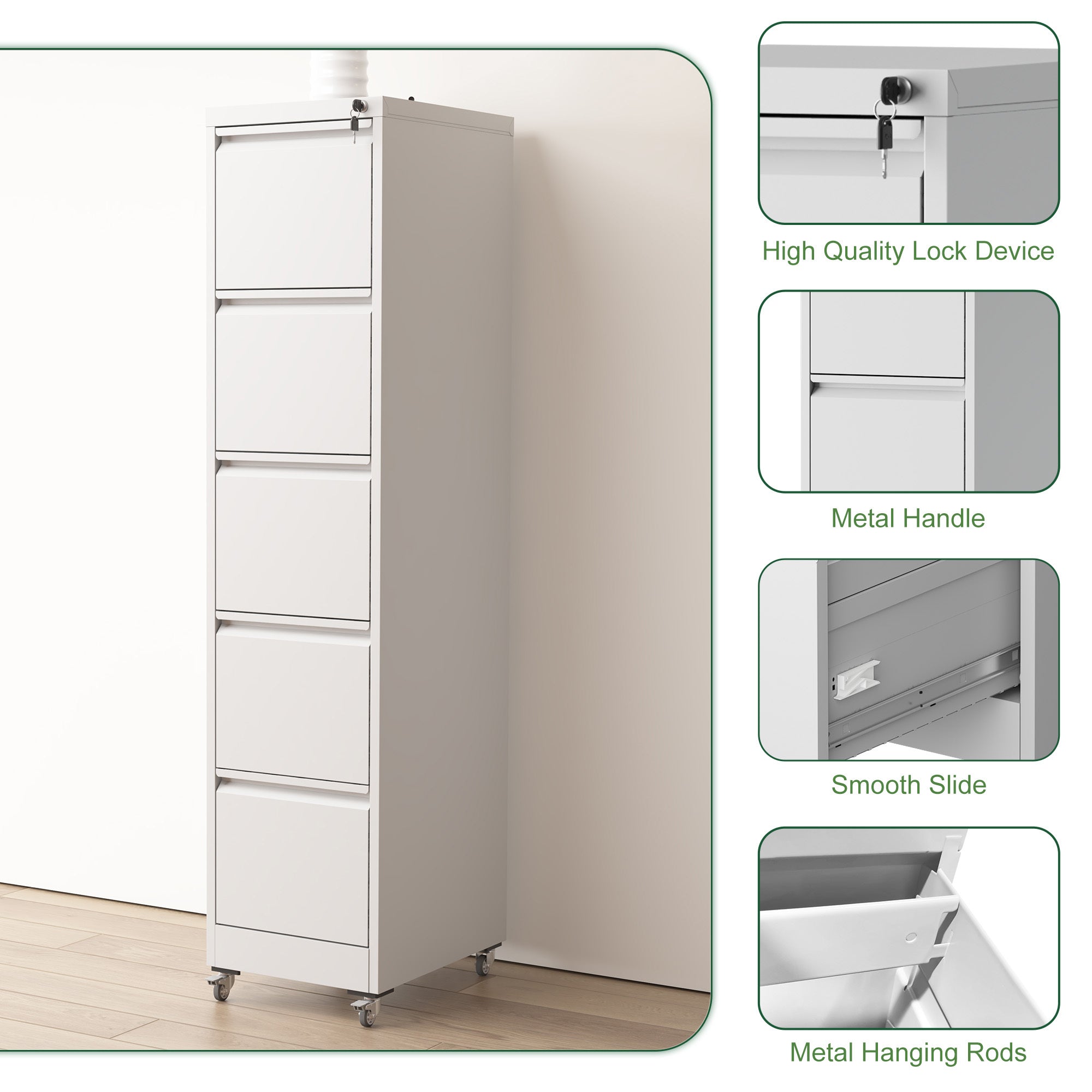 Heavy Duty 5 Drawer Metal Vertical File Cabinet with Lock and Wheels for Home Office, White, 17.72'D x 14.96'W x 64.21'H | Pr