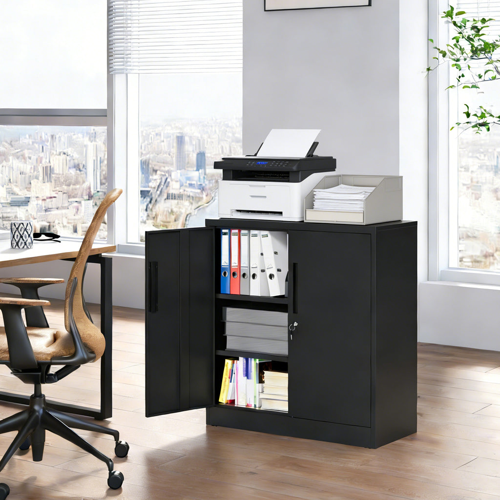 Black Heavy Duty Metal Storage Cabinet with Lock, 2-Door File Cabinet with 2 Adjustable Shelves for Home, Office, Garage (35.