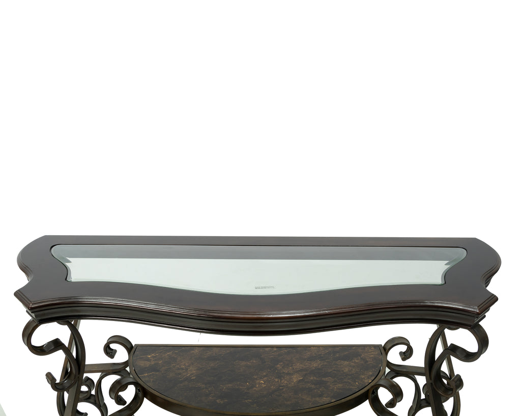 Sofa Table, Glass table top, MDF W/marble paper middle shelf, powder coat finish metal legs. (54'Lx20'Wx30'H) - Grand Goldman Shop
