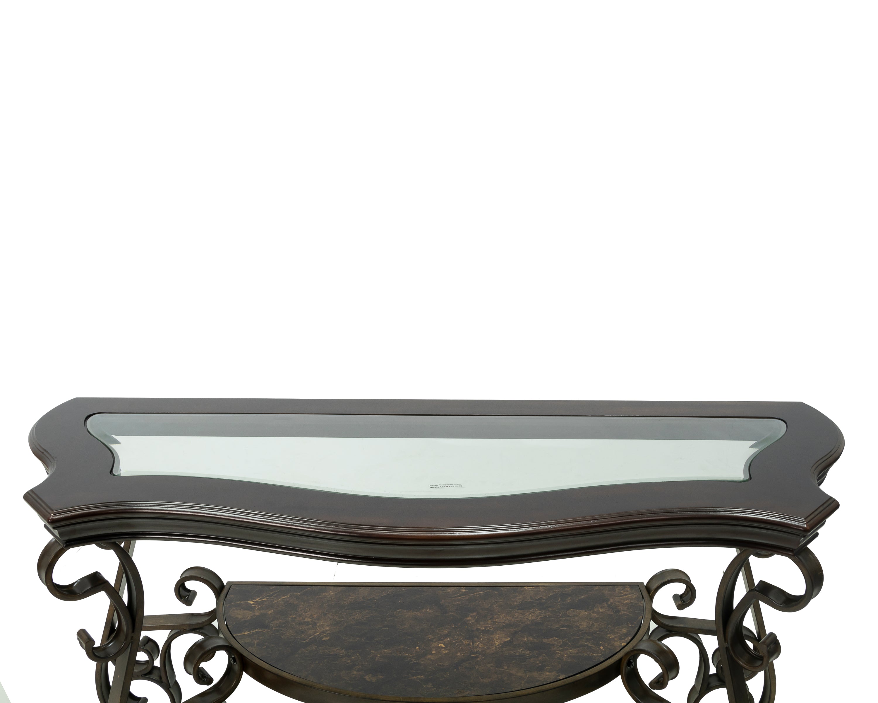 Sofa Table, Glass table top, MDF W/marble paper middle shelf, powder coat finish metal legs. (54'Lx20'Wx30'H) - Grand Goldman Shop