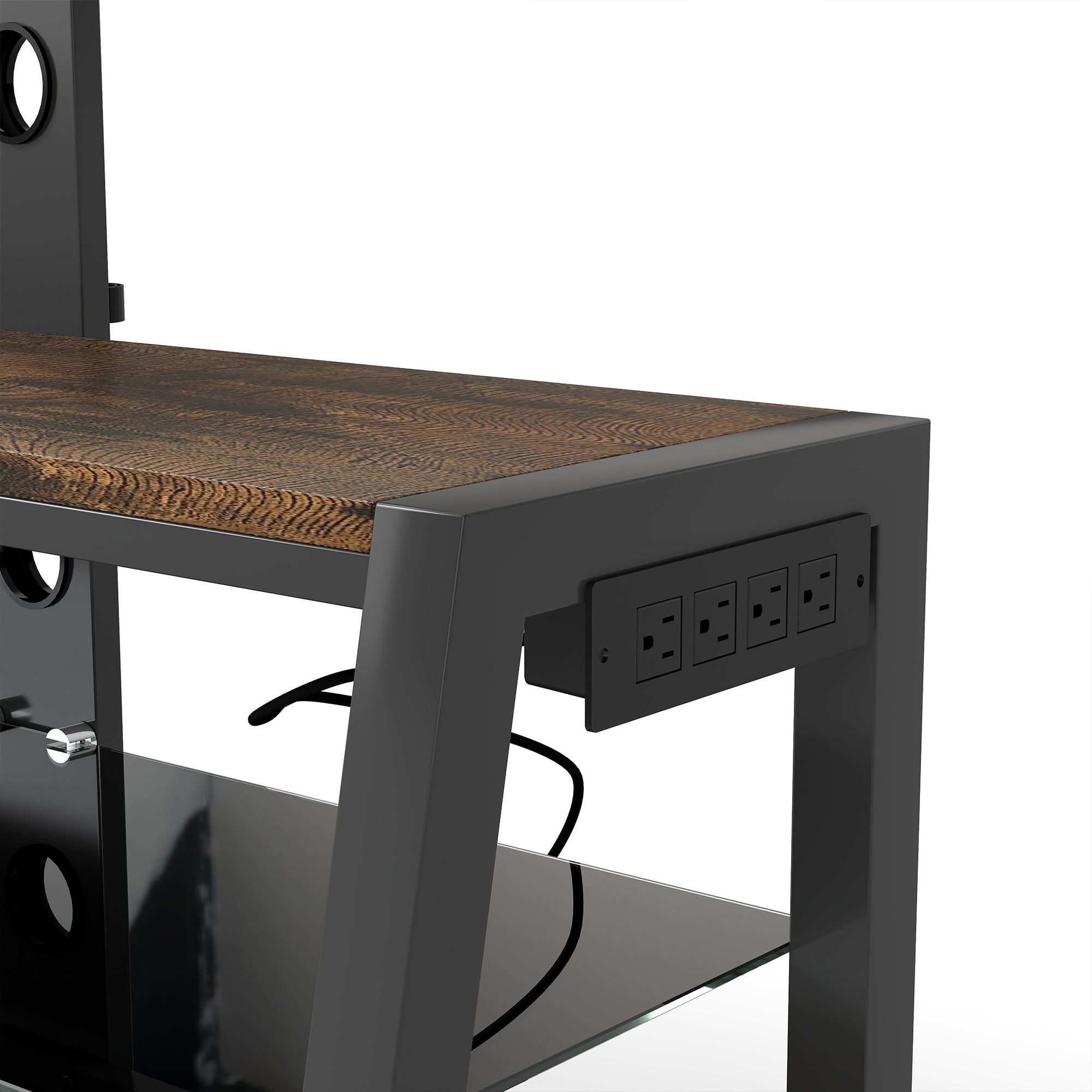 Wooden Storage TV Stand Black Tempered Glass Height Adjustable Universal Swivel Entertainment Center With Mount TV Stand, Rustic Browm - Grand Goldman Shop