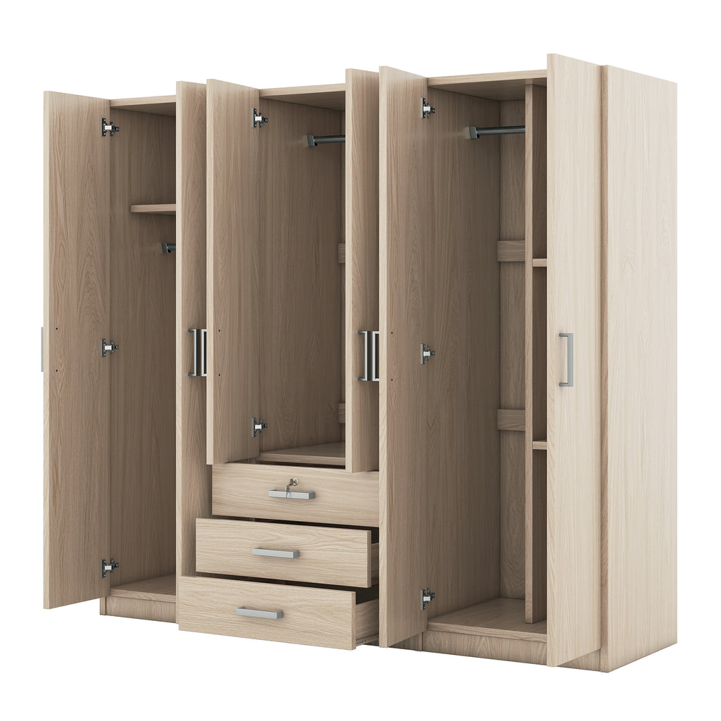 6-Doors Wooden Wardrobe Storage for Bedroom, with Big Drawers, Natural - Grand Goldman Shop