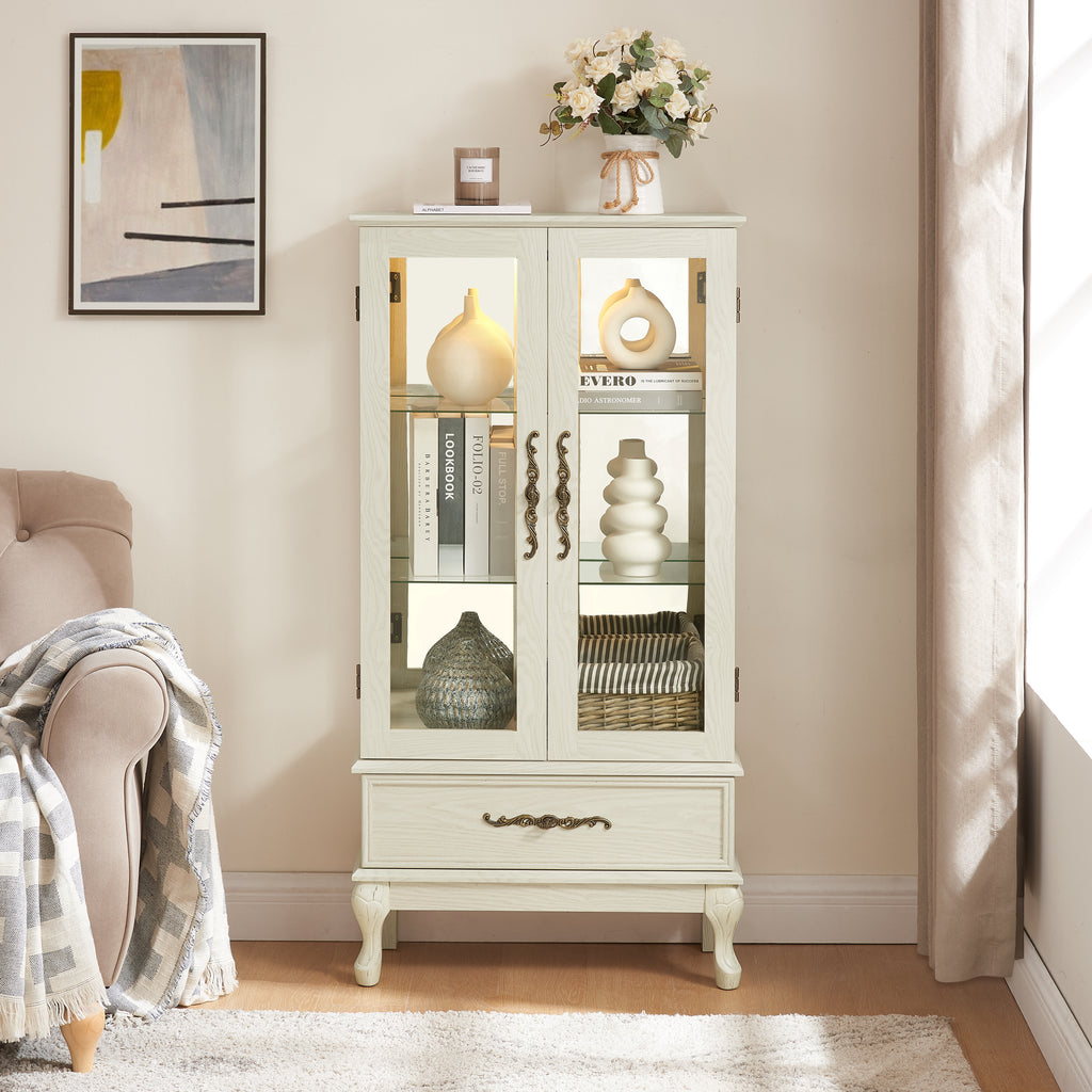 Curio Cabinet Lighted Glass Cabinet Glass Wine Cabinet Curio Display Cabinet with Adjustable Glass Shelves 2 Doors and 1 drawer Cabinet Sideboard With Bulb Included Antique White - Grand Goldman Shop